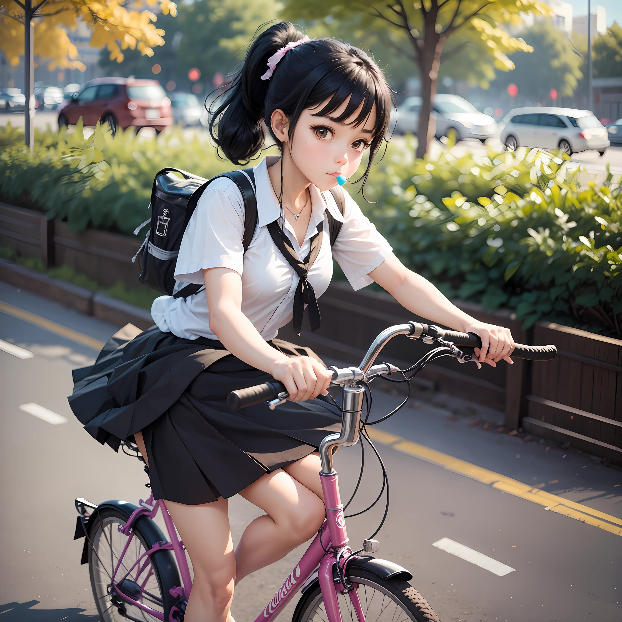 Black hair ponytail, schoolgirl, riding a bicycle, eating ice cream, cute girl --auto --s2