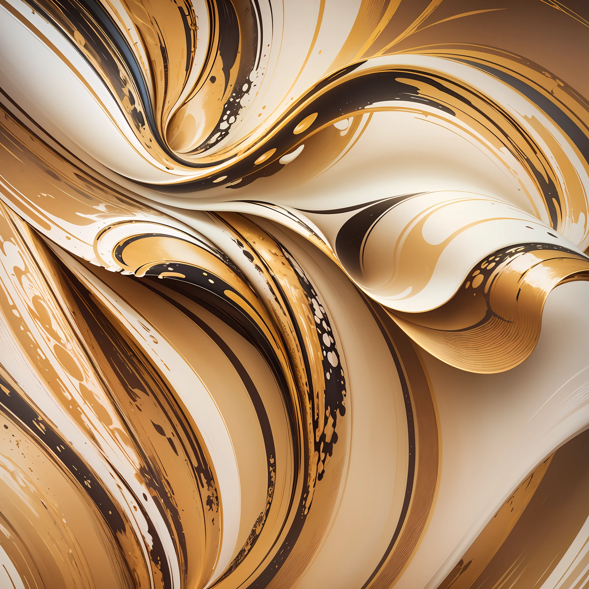White and gold abstract paintings, shutters, abstract illusions, distortions of fate turn to abstract, low detail. Digital painting, hyper-detail. Digital painting, complex flowing paint, fluid abstract art, glossy digital painting, abstract ripple background, abstract liquid --auto --s2