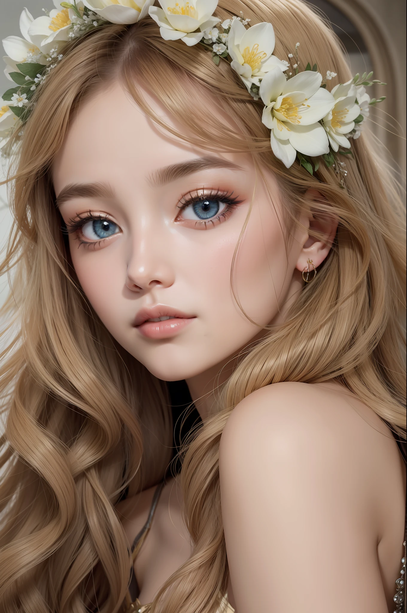 Absurd, ultra-detailed, high quality, masterpiece, detailed face, beautiful eyes(detailed eyes), Greek mythology ,Hestia, goddess of the hearth, gentle, graceful, and timeless, eyes were warm and comforting, wearing a simple, modest attire, beauty was not overtly extravagant or flamboyant, golden hair, falls in gentle waves, hair is adorned with simple floral accents