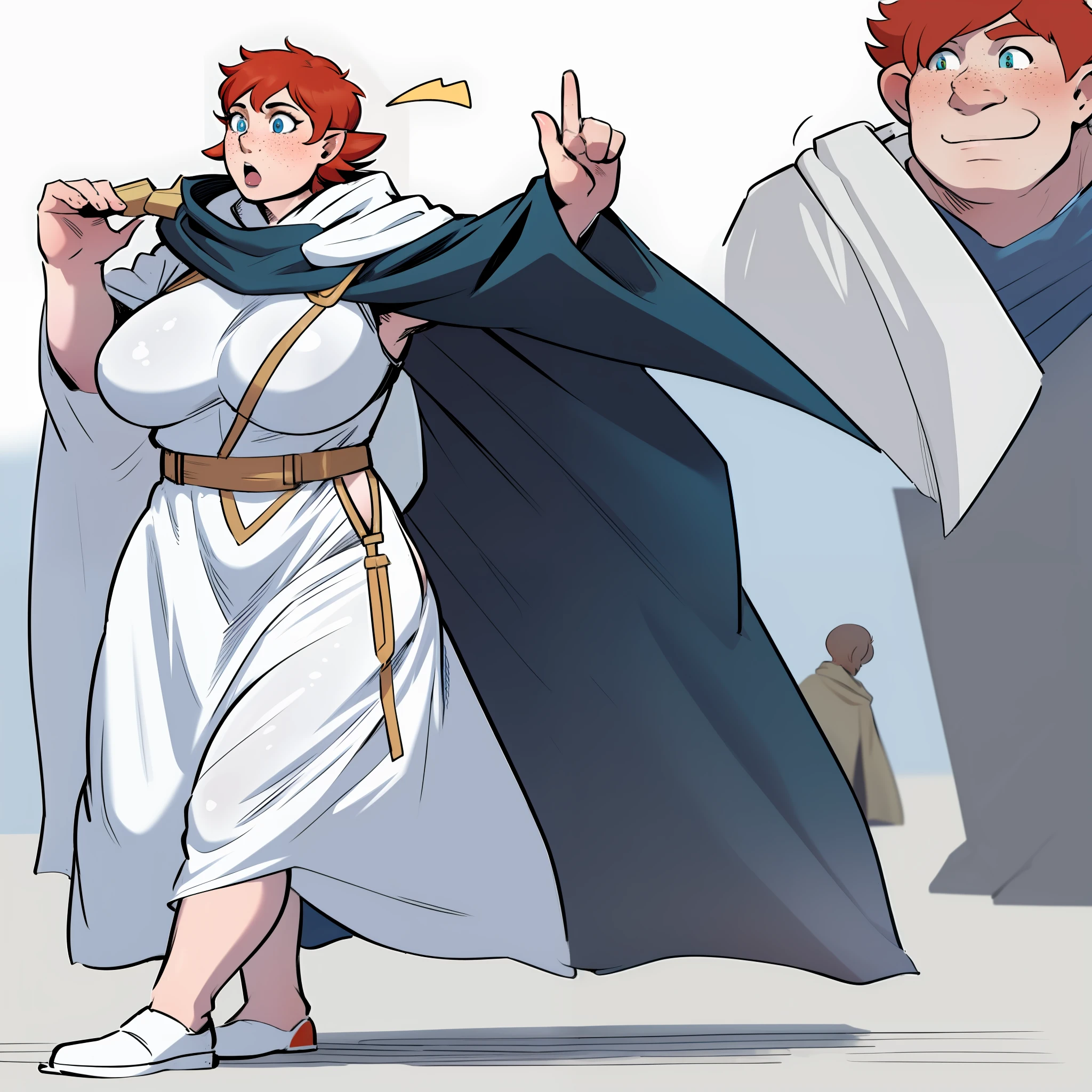 huge chest, tall woman, red hair, nun, priestess, curvy, short hair, tomboy, freckles, portrait,1character, full body,1girl, tall female, solo, solo focus, walking