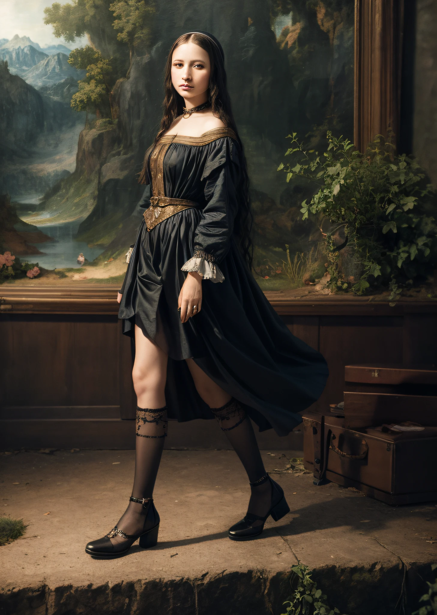 Mona Lisa dressed in rags, standing in the wilderness, gentle expression, full body portrait, shoes, catwalk, masterpiece, highest quality, high quality, highly detailed CG unit 8k wallpaper, award winning photo, bokeh, depth of field, HDR, flood, chromatic aberration, realistic, very detailed, art station trend, CGsociety trend, complex, high detail, dramatic, midway art, volumetric lighting