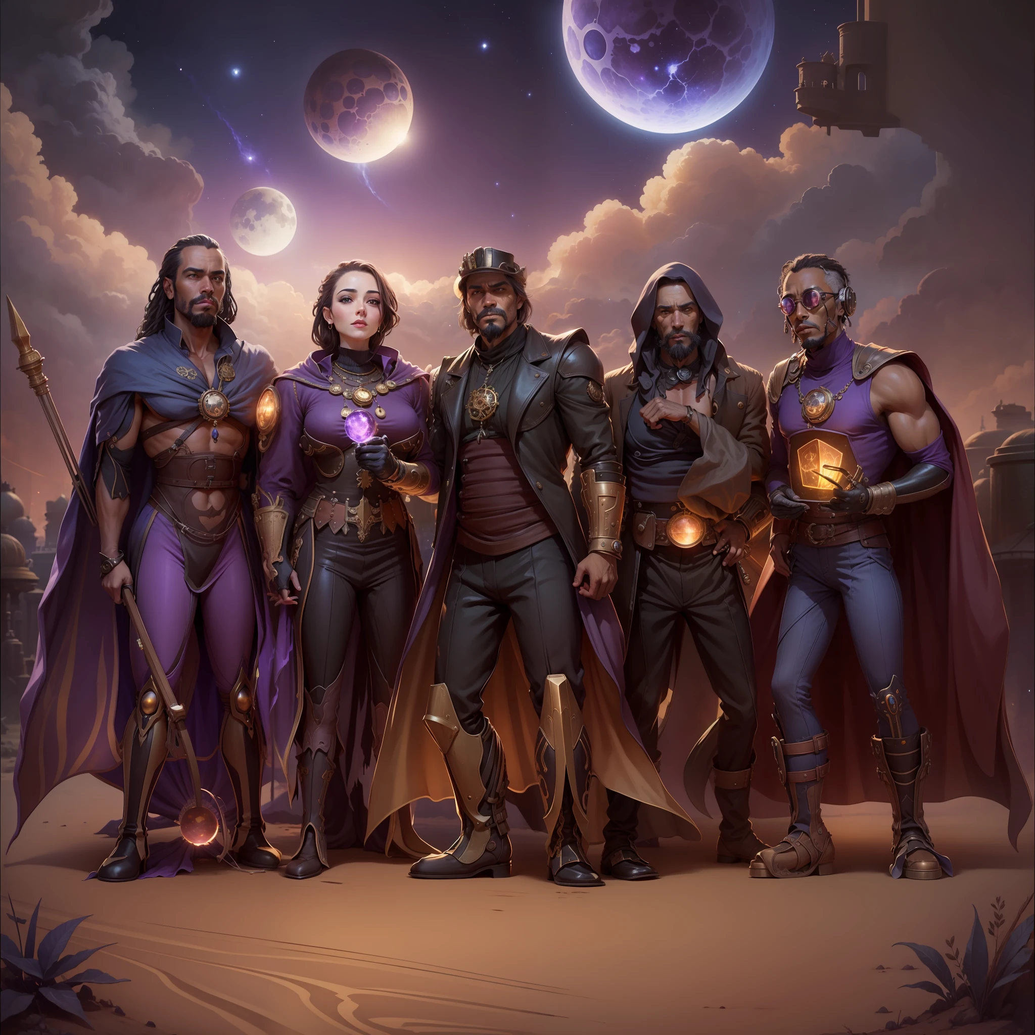 A steampunk city, anthill style with plants, soil, acorns, fruits inside a clear crystal, people with fair skin, night sky with 2 bright moons and a purple and blue nebula, realistic HD --auto --s2