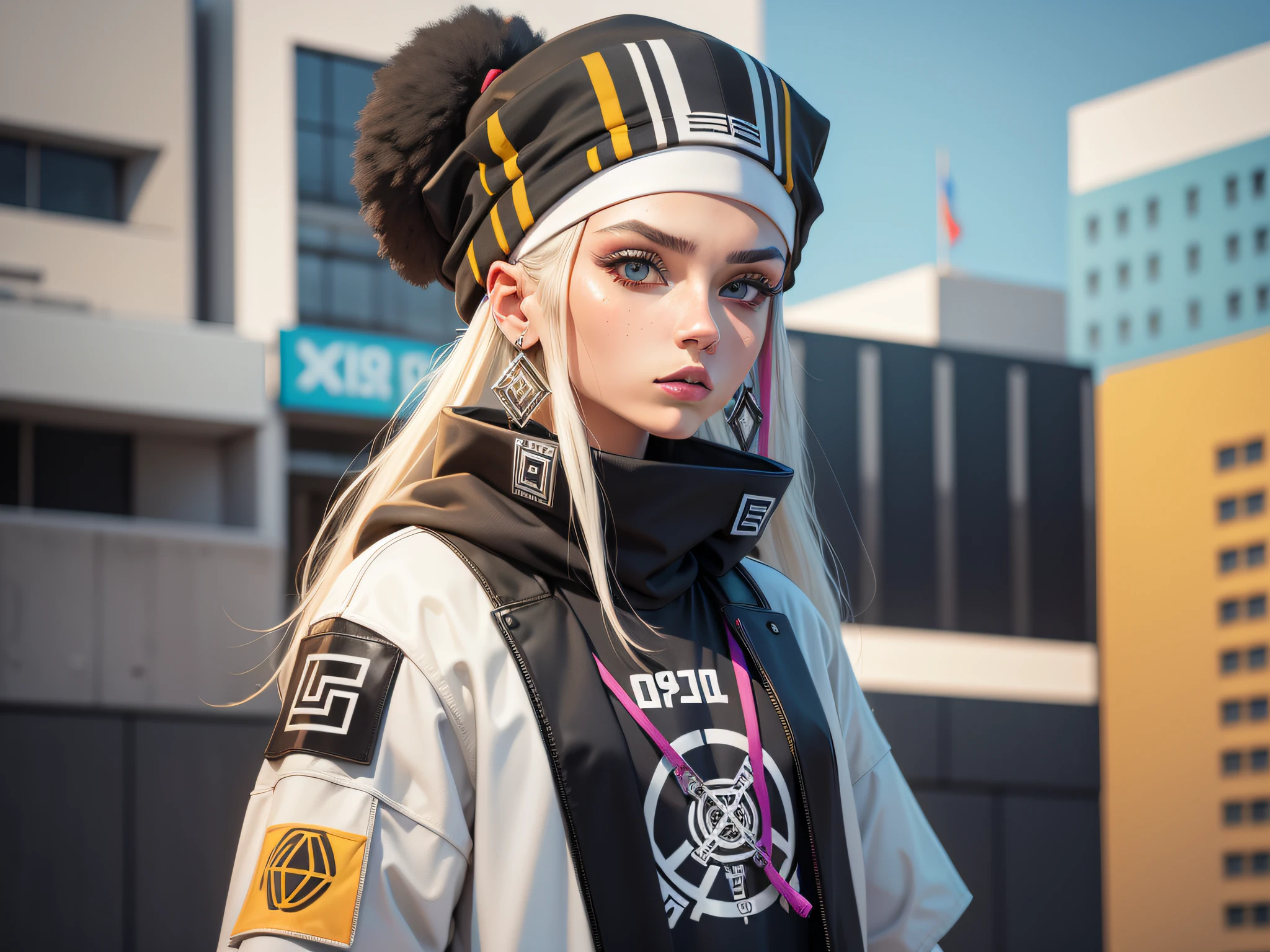Minimalism, in style of futurism fashion, streetwear thug slavic girl, in the style of bandanas + totems, cultural documentation, colorful clothing, jewlery, raw lifestyle photography, billionaire-girls-club, flygod, Manti core, flat color palette, 8k, lumen --ar 9:16  --q 2