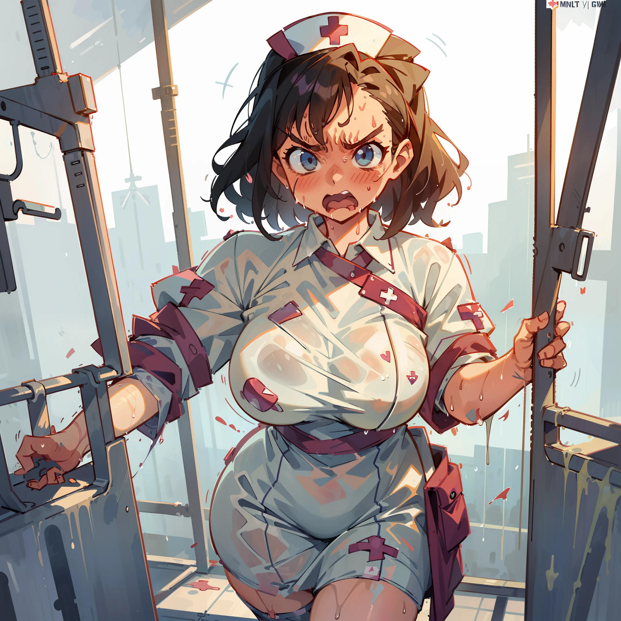 sexy, 1girl, solo, pov, (curvy:1.2),large breasts, looking at view, cowboy shot, ((sexy nurse outfit)), hospital bathroom, (angry:1.3), (wet clothes:1.5), goth1.5