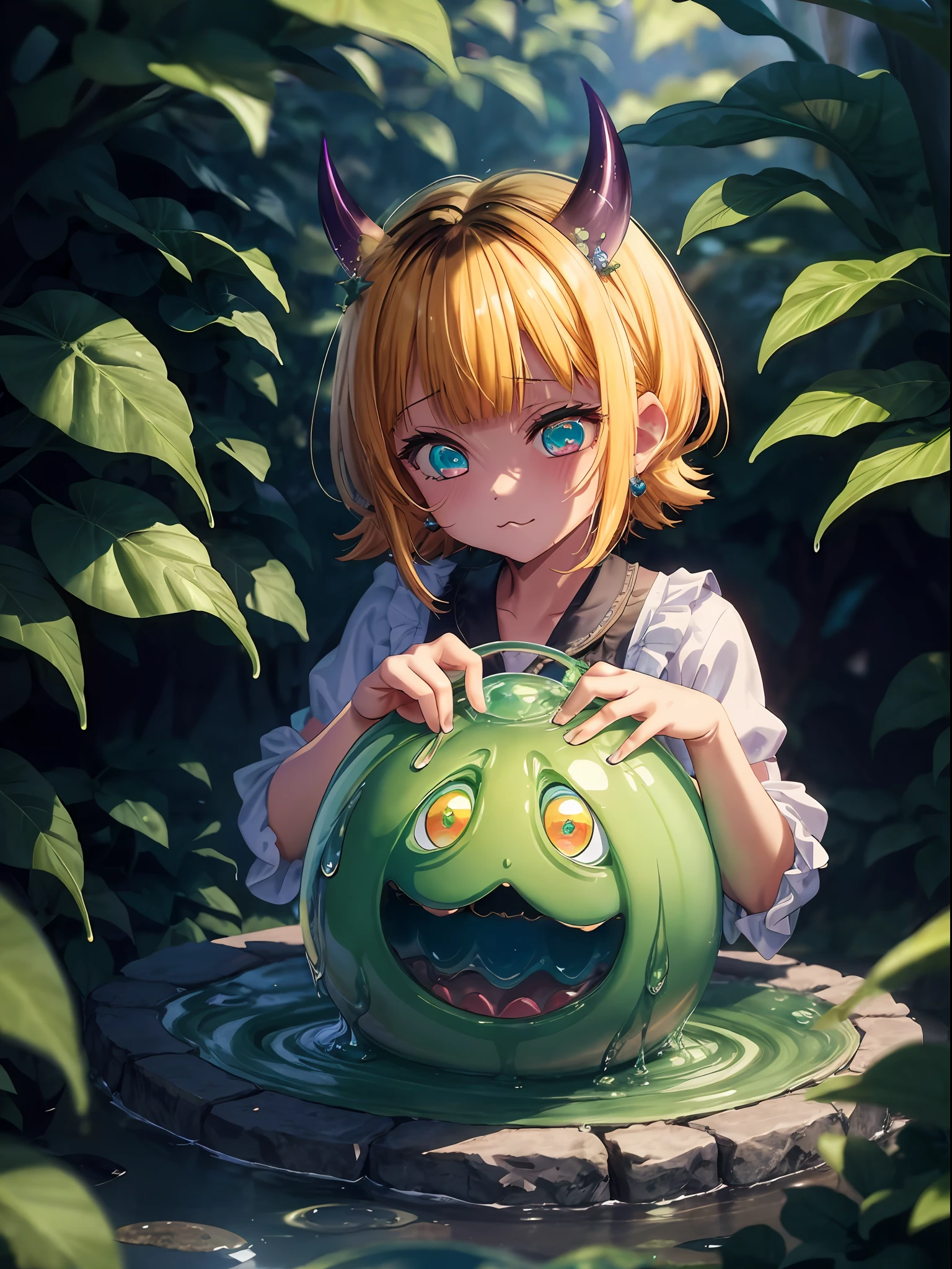 memcho, blonde, small horns, short hair, big eyes, ω, closed mouth, yumekawa, yumekawaii, pastel colors, wonderland garden, dripping ink, imagination, slime, holding a slime, (Slime:1.3), cinematic lighting, wet skin, wet hair, eating,