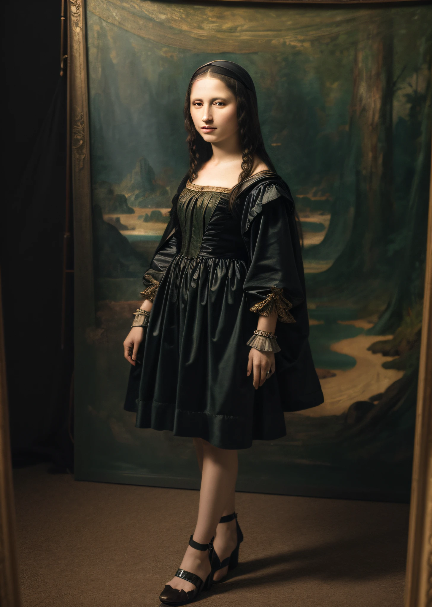 Mona Lisa dressed in rags, standing in the wilderness, gentle expression, full body portrait, shoes, catwalk, masterpiece, highest quality, high quality, highly detailed CG unit 8k wallpaper, award winning photo, bokeh, depth of field, HDR, flood, chromatic aberration, realistic, very detailed, art station trend, CGsociety trend, complex, high detail, dramatic, midway art, volumetric lighting