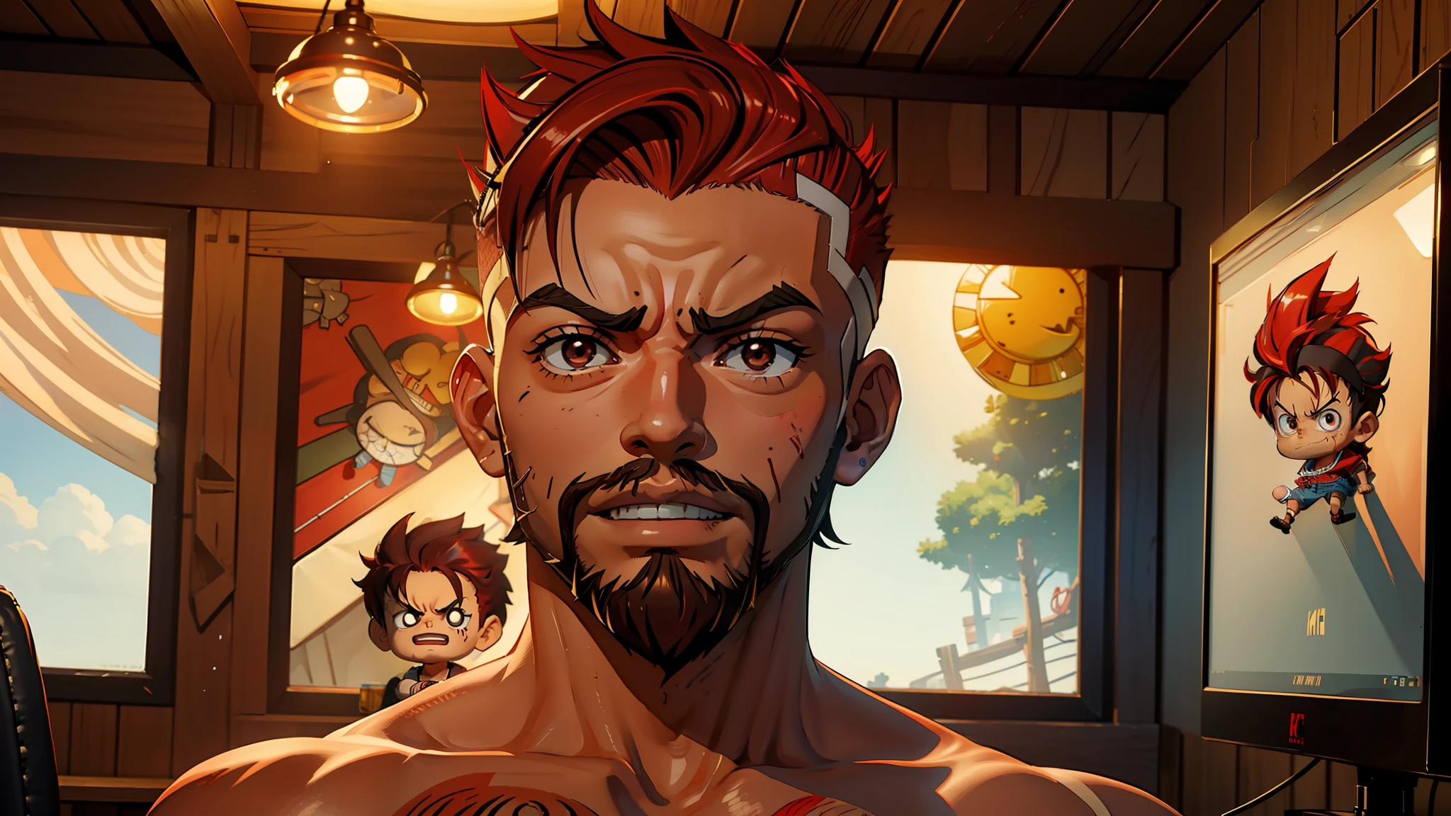 ((Best quality, 8k, Masterpiece: 1.3)), chibi, 3d, one piece, luffy, background, interior, gamer room, two computers, perfect lighting, (1boy), perfect brown eyes, perfect face, perfect hair, red mohawk hair, degrade on the sides, short hair, detailed beard, red beard,((Best quality, 8k, Masterpiece: 1.3)), chibi, 3d, one piece, luffy, background, interior, gamer room, two computers, perfect lighting, (1boy), perfect brown eyes, perfect face, perfect hair, red mohawk hair, degrade on the sides, short hair, detailed beard, red beard,