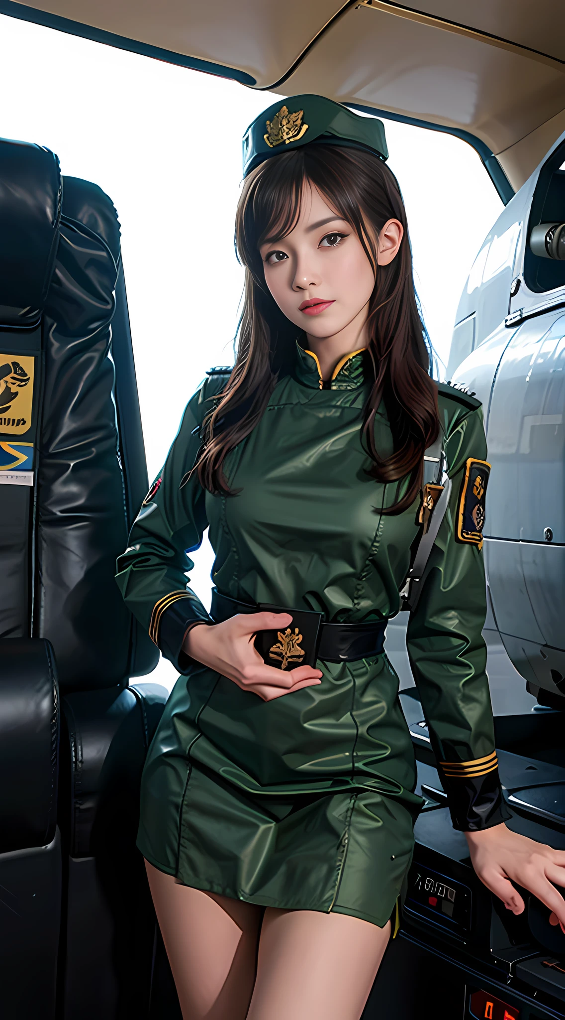 Arad woman standing in front of airplane in military uniform, inspired by portrait of Jill Elfgren, tumblr, fantastic realism, girl with warship parts, pilot costume, perfect military composure, in full military uniform, cute pilot girl, pilot girl, in military uniform, military girl, charming and seductive, 70s jet fighter pilot girl, korean female fashion model, good hips and long legs