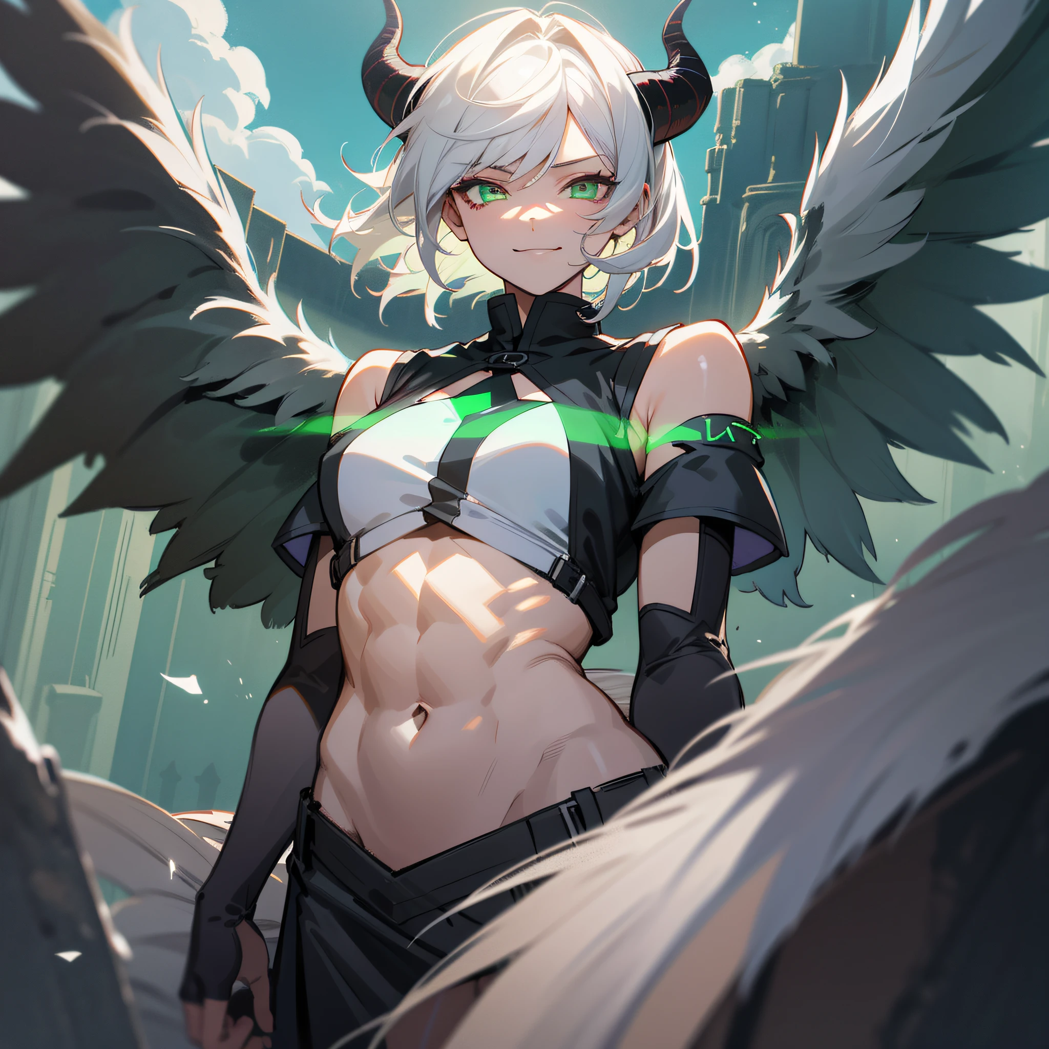 Tomboy, four large black wings, abs, green eyes, overlooking a castle ruin, white hair, messy hair, very short hair, horns, glowing eyes, smirk, anime, cinematic lighting, UHD, masterpiece, super detail, high quality, best quality, high details, 8k, award winning, anatomically correct