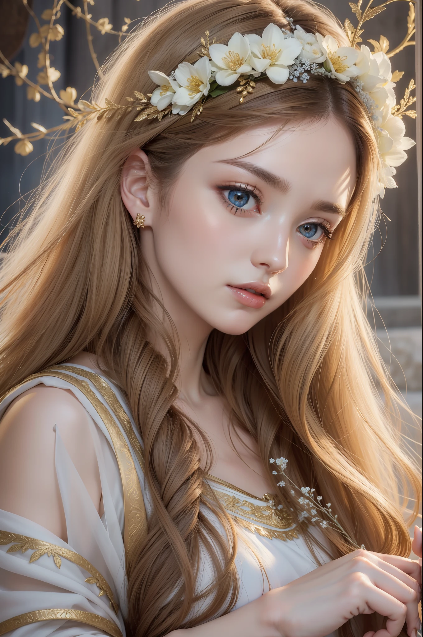 Absurd, ultra-detailed, high quality, masterpiece, detailed face, beautiful eyes(detailed eyes), Greek mythology ,Hestia, goddess of the hearth, gentle, graceful, and timeless, eyes were warm and comforting, wearing a simple, modest attire, beauty was not overtly extravagant or flamboyant, golden hair color , falls in gentle waves, hair is adorned with simple floral accents