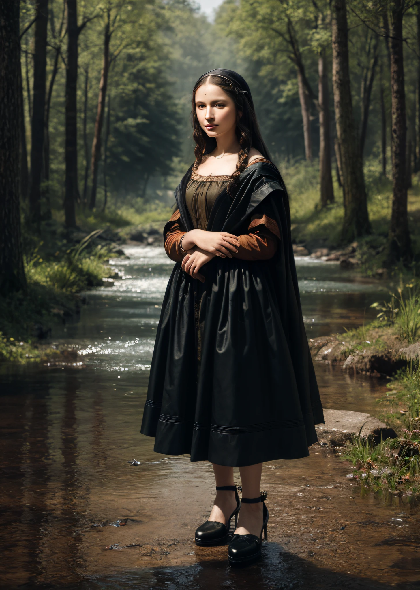 Mona Lisa dressed in rags, standing in the wilderness, gentle expression, full body portrait, shoes, catwalk, masterpiece, highest quality, high quality, highly detailed CG unit 8k wallpaper, award winning photo, bokeh, depth of field, HDR, flood, chromatic aberration, realistic, very detailed, art station trend, CGsociety trend, complex, high detail, dramatic, midway art, volumetric lighting