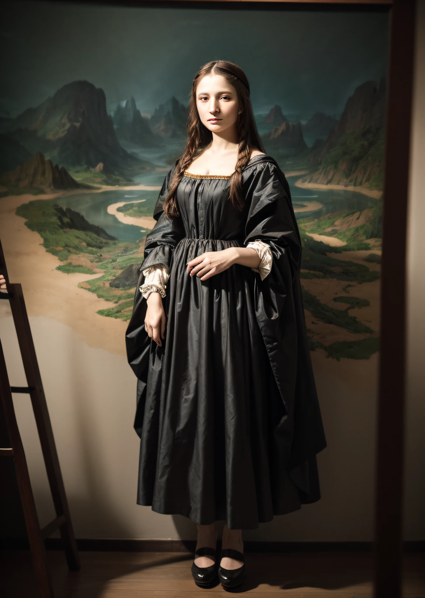 Mona Lisa dressed in rags, standing in the wilderness, gentle expression, full body portrait, shoes, catwalk, masterpiece, highest quality, high quality, highly detailed CG unit 8k wallpaper, award winning photo, bokeh, depth of field, HDR, flood, chromatic aberration, realistic, very detailed, art station trend, CGsociety trend, complex, high detail, dramatic, midway art, volumetric lighting