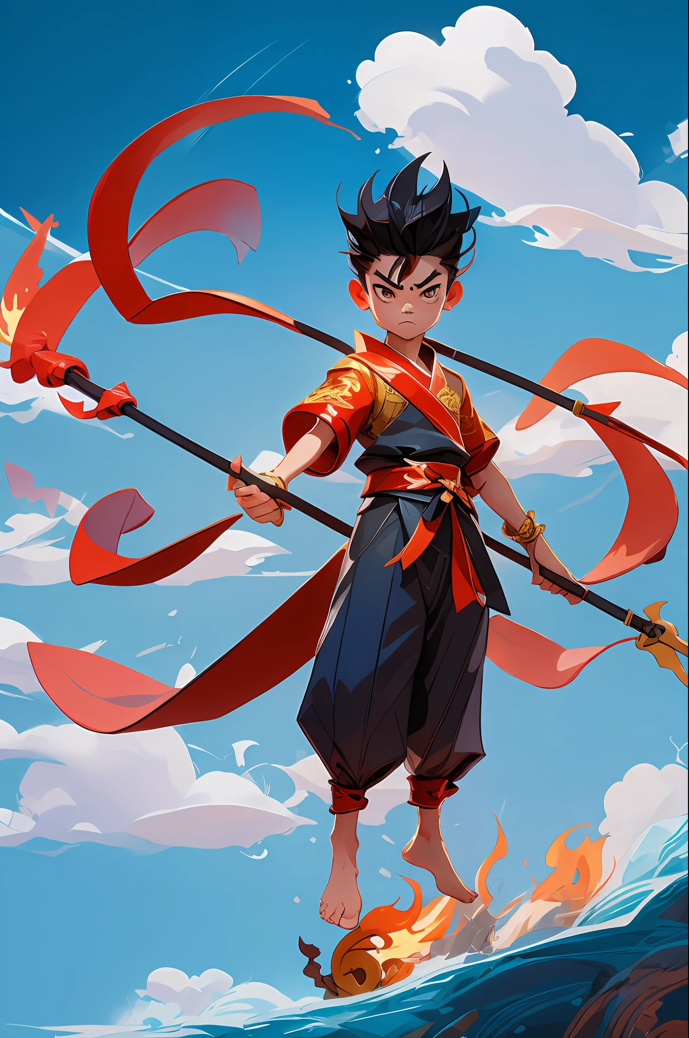 1 boy, angry, holding a spear, (flying), Chinese mythology, cloudy, detailed sky, abstract background, (flame_surge_style:0.5), barefoot, (12 years: 1.5),