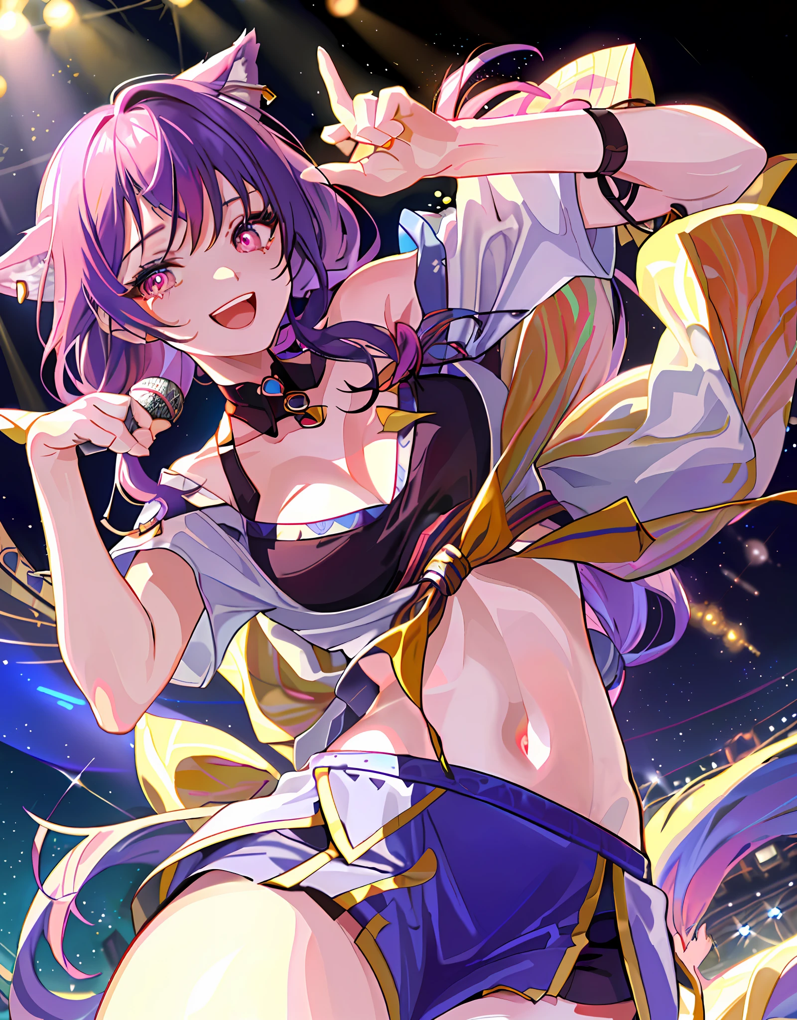 Thick paint: 2, 8k, masterpiece, dynamic angle, upper body, ((Detailed eyes and detailed face: 1.2))))), (Perfect human hand, super detailed human 5 fingers)))), ((Perfect human foot)), Upper body, 2 girls, Smile, Wolf ears, Wolf tail, Pink eyes, Hair between eyes, (Wink))), D cup, cleavage, striped hair, (Colorful hair colors: 1)))), ((((Random hair color: 1)))), variegated hairstyle: 1, twin tails, ultra-detailed gradient hair, ((((T-shirt with kagenari letters)))), ruffled dress, love live, jewelry, best stage, climax, professional stage, ((((Perfect singer holding the microphone with left hand and singing emotionally, perfect singer, screaming: 1.2, overflowing emotions, Best smile))), Singer, Vocalist: 1, Idol, Diva, Professional Stage, Professional Lighting, Live Lighting, Distract the Gaze, Fan Service: 1, ((Singing on the stage of the AI spaceship (background, AI spaceship: 1.2)))), ((Singing on the stage of the AI spaceship: 1.2)), (Panchira, cute panties)), full audience