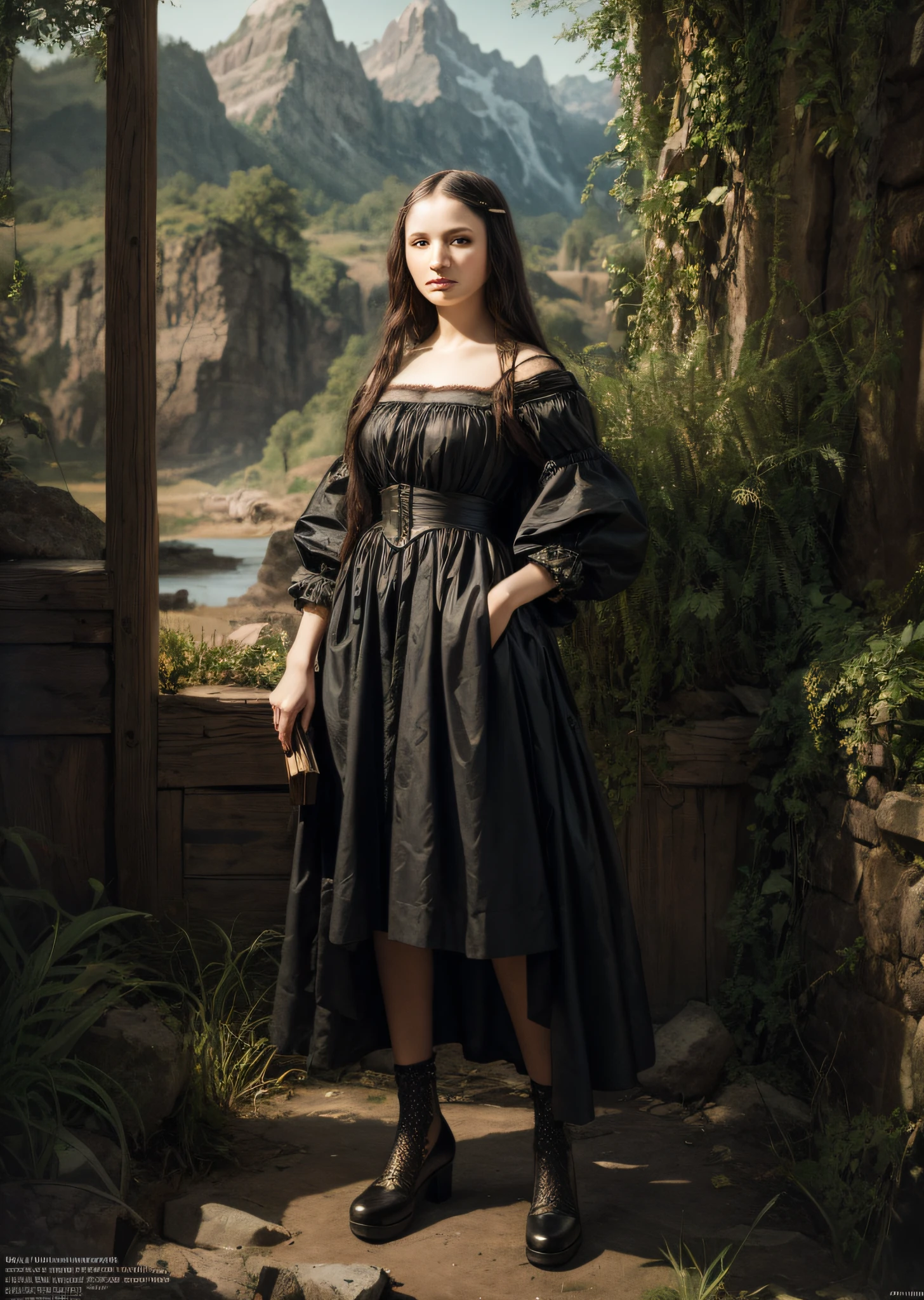 Mona Lisa dressed in rags, standing in the wilderness, gentle expression, full body portrait, shoes, catwalk, masterpiece, highest quality, high quality, highly detailed CG unit 8k wallpaper, award winning photo, bokeh, depth of field, HDR, flood, chromatic aberration, realistic, very detailed, art station trend, CGsociety trend, complex, high detail, dramatic, midway art, volumetric lighting
