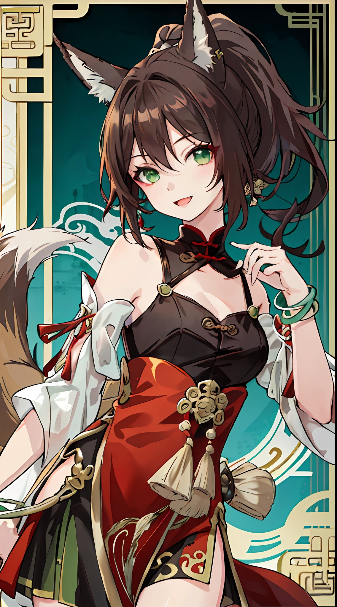 (Masterpiece, Top Quality, Best Quality, Official Art, Beauty and Aesthetics: 1.2), (Flat Color: 1.3), Very Detailed, Detailed Face and Eyes, Cinematic Light, SFW, Anime, Depth of Field, 1 Girl, Seduction Smile, Solo, Official, Brown Hair, Fox Ears, Ponytail, Hair Accessories, Green Eyes, Red Eye Shadow, Jewelry, Split Sleeves, Medium Tits, Dress, Tail, Bracelet, One Tail, Slightly Open Mouth, Chinese Style Background, Bling, Girl Listening Money Bag