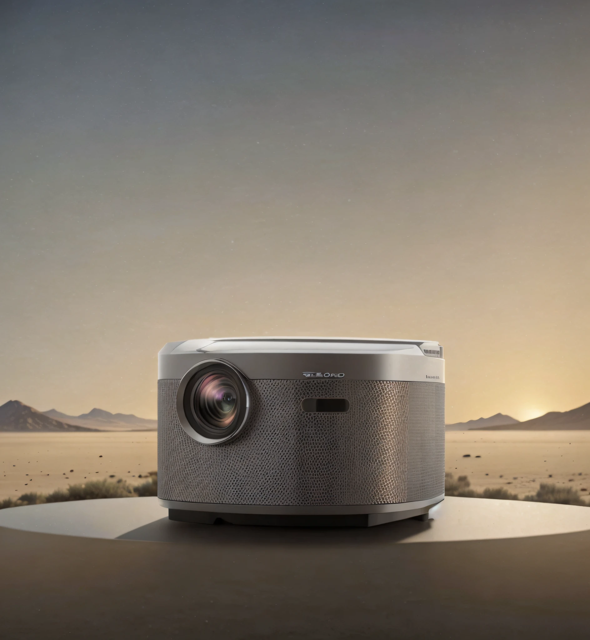 A projector on a marble round table in the middle of the desert, ultra-wide angle movie view, simple desert scene in the background, horizon below projector, clean sky, perfect cinematic light, bottom angle, cinema C 9. 0,4 k product photo, detailed wide-angle lens, cinema center camera, 1080p, 1 0 8 0 0 p, with cinematic lighting, wide-angle full lens --auto --s2