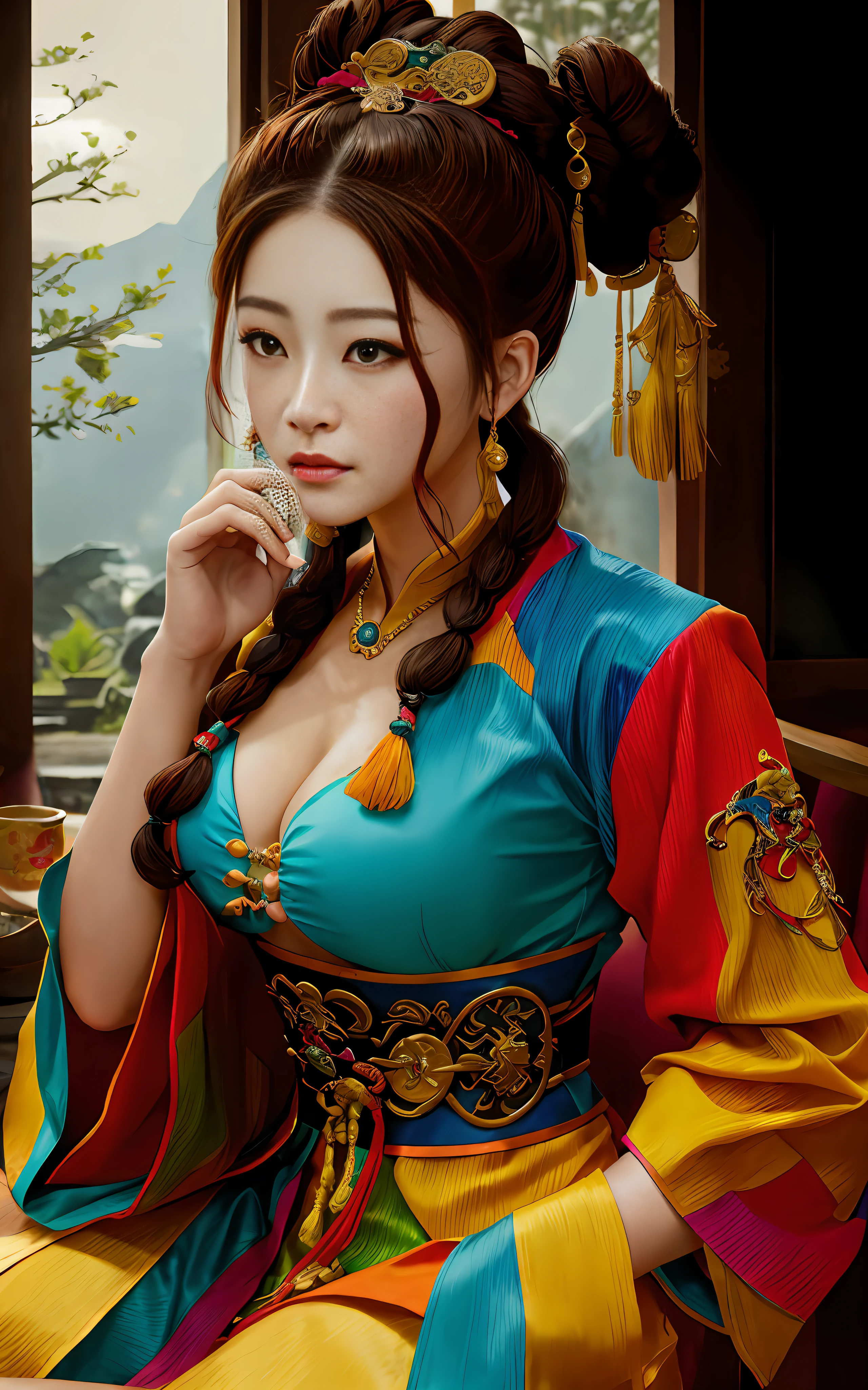 Low saturation, colorful low-cut bursting breast Tang costume, hairstyle coiled into a high bun, ancient rendering, Yang Guifei, plump and luxurious, Tang Dynasty costume