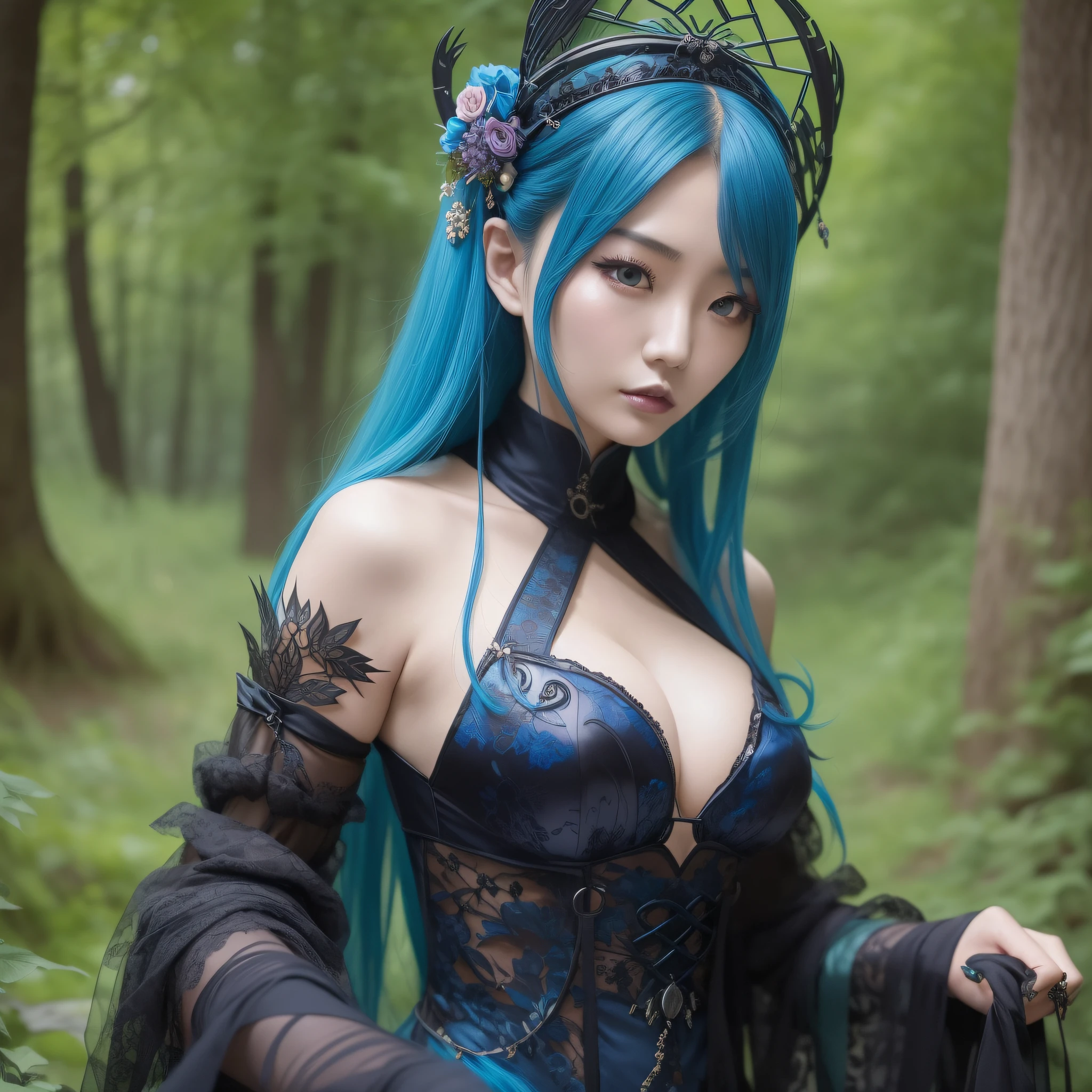 Chinese woman in blue hair and black dress in woods, gorgeous cosplay, decorative gothic - cyberpunk, rococo cyberpunk, dark fantasy style, beautiful elegant demon queen, queen of the forest, portrait of dark fantasy fairy, dark fantasy art style, beautiful dark elf countess, gorgeous cyberpunk armor, dark fantasy portrait, beautiful necromancer