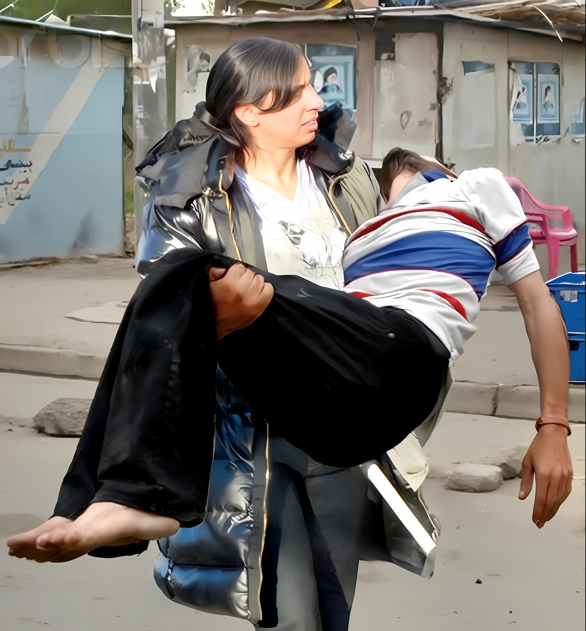 they are walking down the street carrying a man in a backpack, arabian wrestling woman, real life photo of a syrian man, iraq nadar, street fighting, stunning visual, by Anita Kunz, woman holding another woman, enhanced photo, beauty shot, stunning sight, very powerful, carrying big sack, brutal depiction, beautiful photo, journalism photo, brutal violence, injured