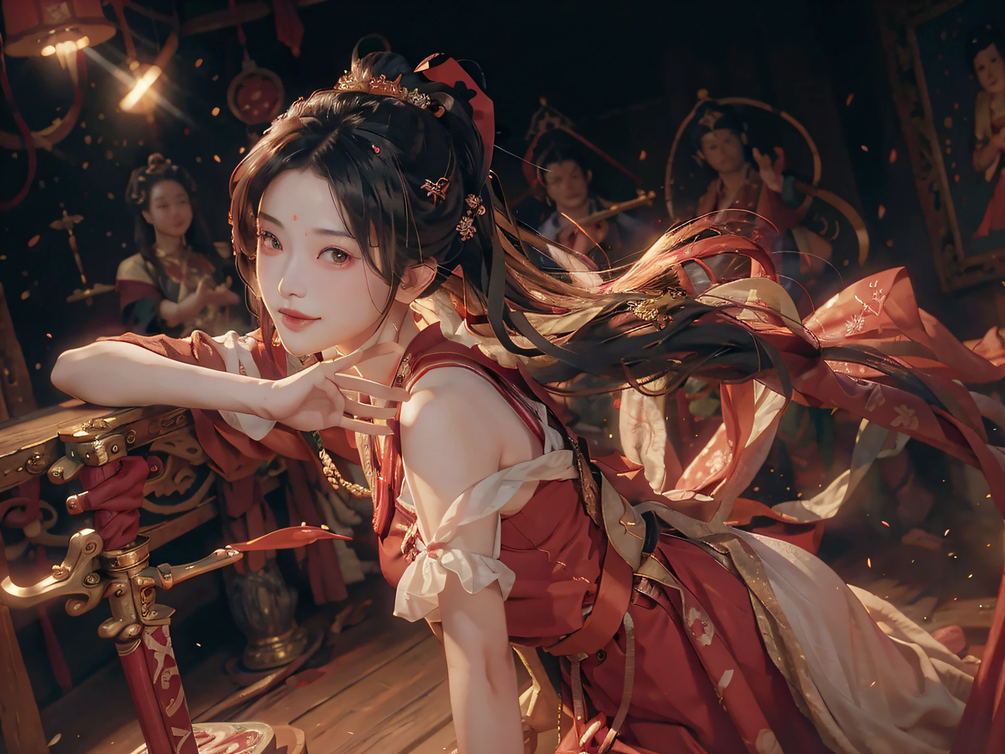 (RAW Photo, Best Quality), (Realistic, Photorealistic Real: 1.3), Best Quality, Highly Detailed, Masterpiece, Ultra Detailed, Illustration, 1 Girl, Red Clothes, Holding a Weapon, Ancient Chinese Long Sword, upper_body, Dynamic Angle, World Mastery Theater, messy_long_hair, Best Quality, Extremely Detailed CG Unified 8k Wallpaper, Ink, Amazing, Sexy, Peach Blossom Eyes, Smile, Movie Lighting, lens_flare, dunhuang_style