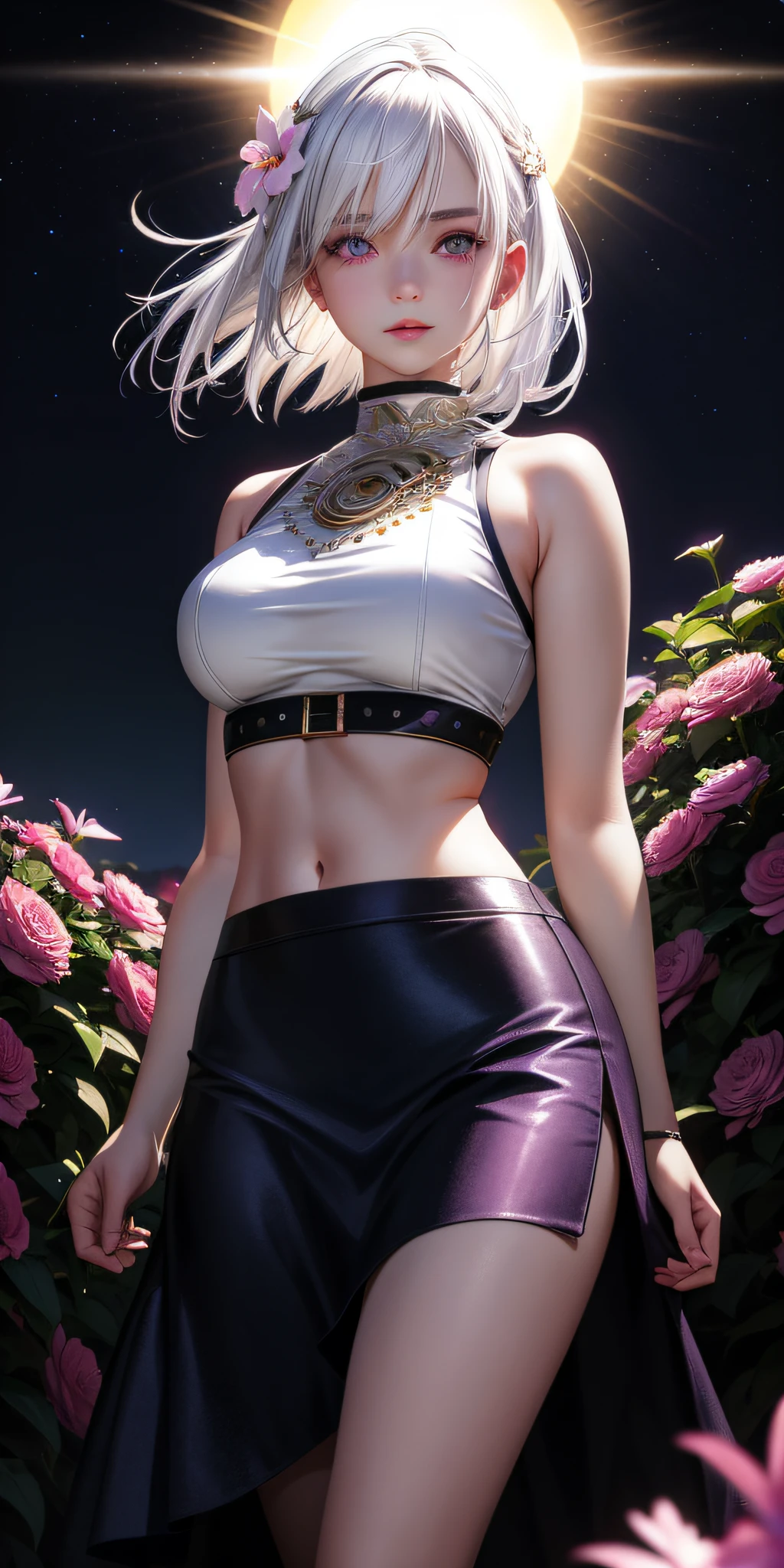realistic, 1girl, white hair, purple eyes, glowing eyes, crop top, skirt, parted lips, blush, night, flowers, sun, sunlight,