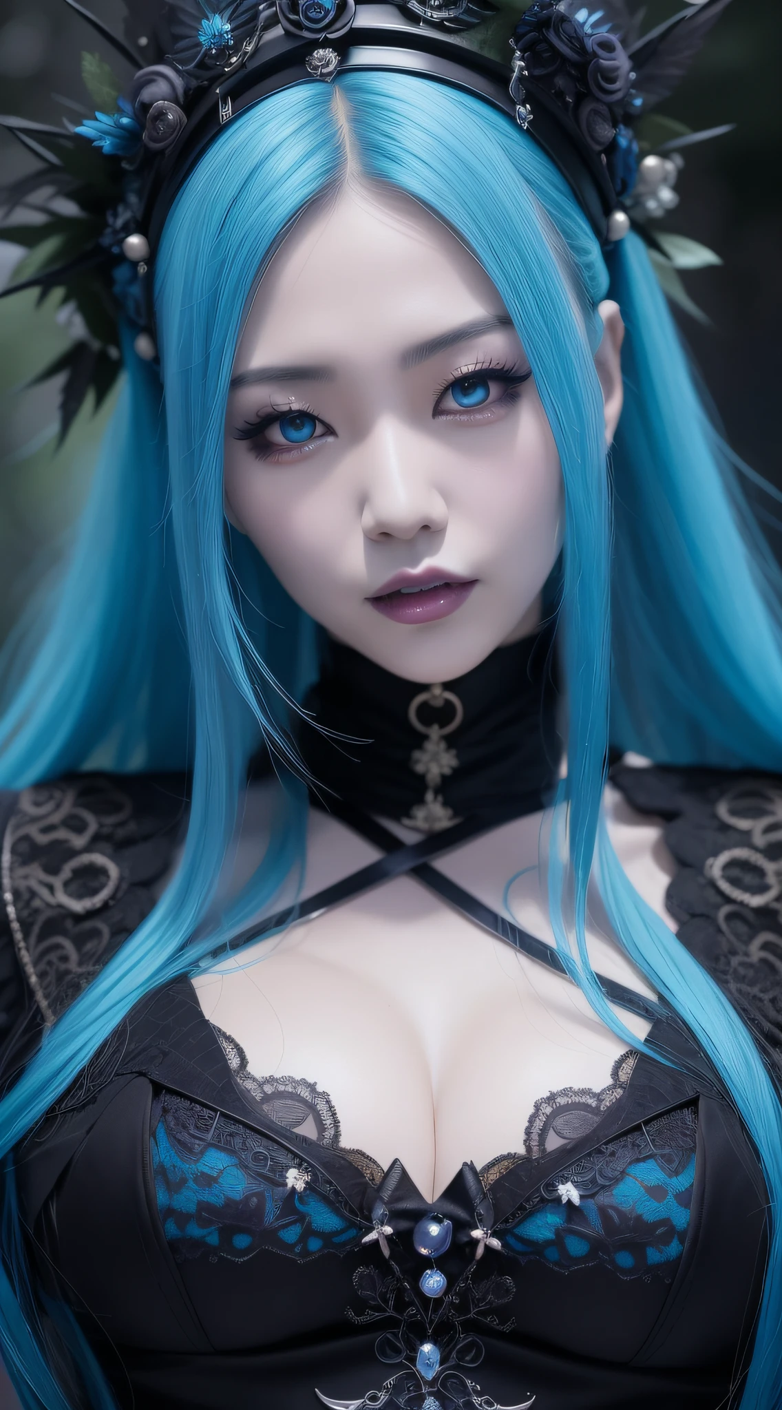 Chinese woman in blue hair and black dress in woods, gorgeous cosplay, decorative gothic - cyberpunk, rococo cyberpunk, dark fantasy style, beautiful elegant demon queen, queen of the forest, portrait of dark fantasy fairy, dark fantasy art style, beautiful dark elf countess, gorgeous cyberpunk armor, dark fantasy portrait, beautiful necromancer
