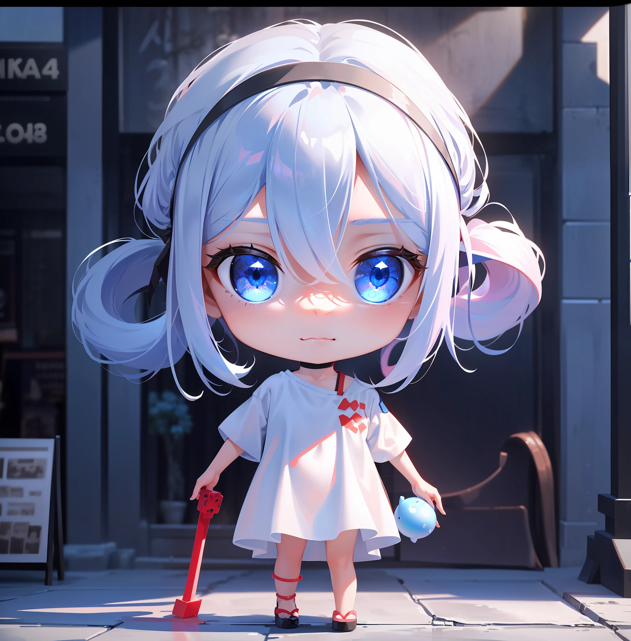 (Clean background, delicate model, cute girl as the protagonist, bubble mart background, cute girl with blue eyes and red hair, wearing black T-shirt and white shorts, delicate gloss, 8K 3D rendering, using C4D and blender design, adding OC rendering effect, front picture, toy blind box accompaniment)