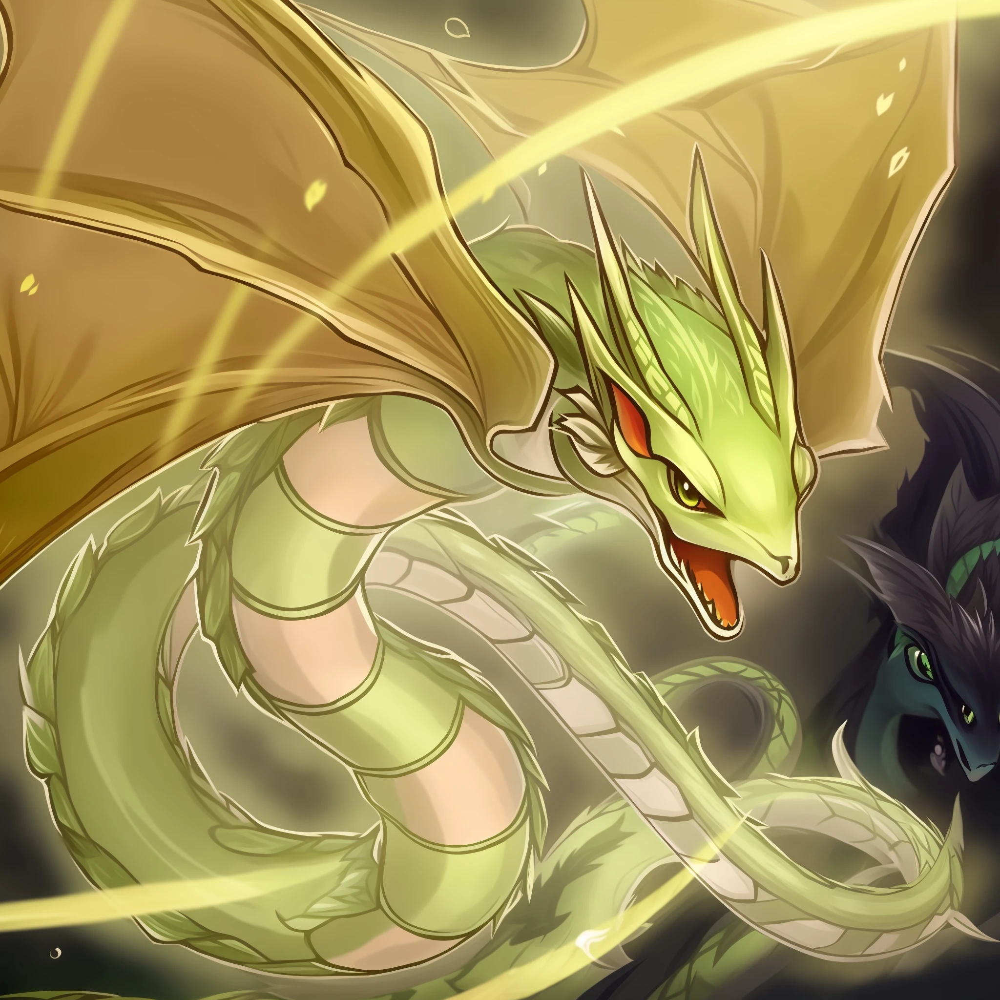 A flying dragon snake, it has a snake-like body, the head of a flying squirrel with dragon horns on its head, the wings of a bat, and the body has pale green fluff. Monsters, game illustrations