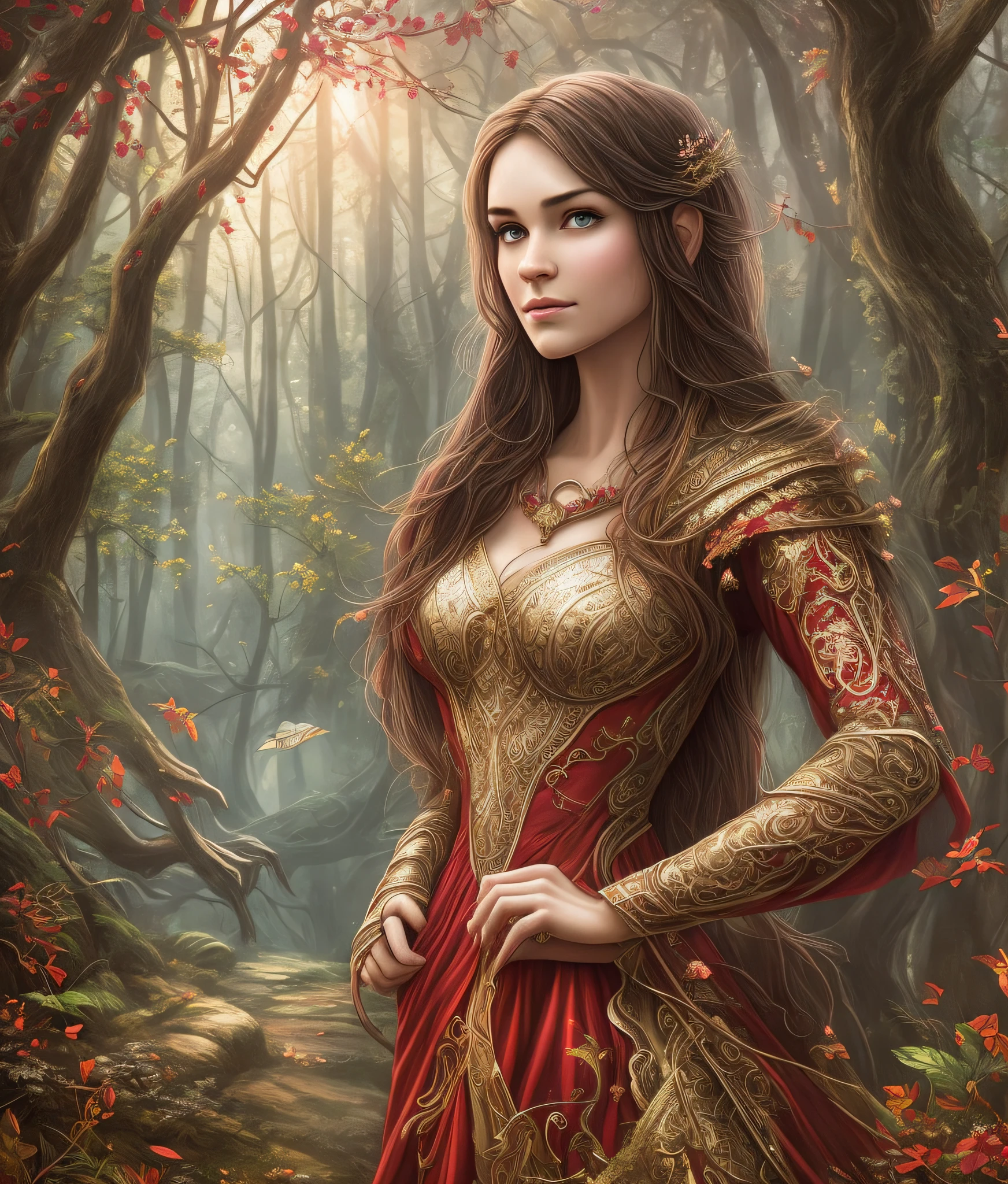 "A man and a woman dressed in red kiss in the woods on the cover of a fantasy novel with a female character. Feel the atmosphere of the fairy-tale world, enjoying the most detailed image, very colorful and imbued with fantastic characters and the beauty of the nature of the fantasy world."