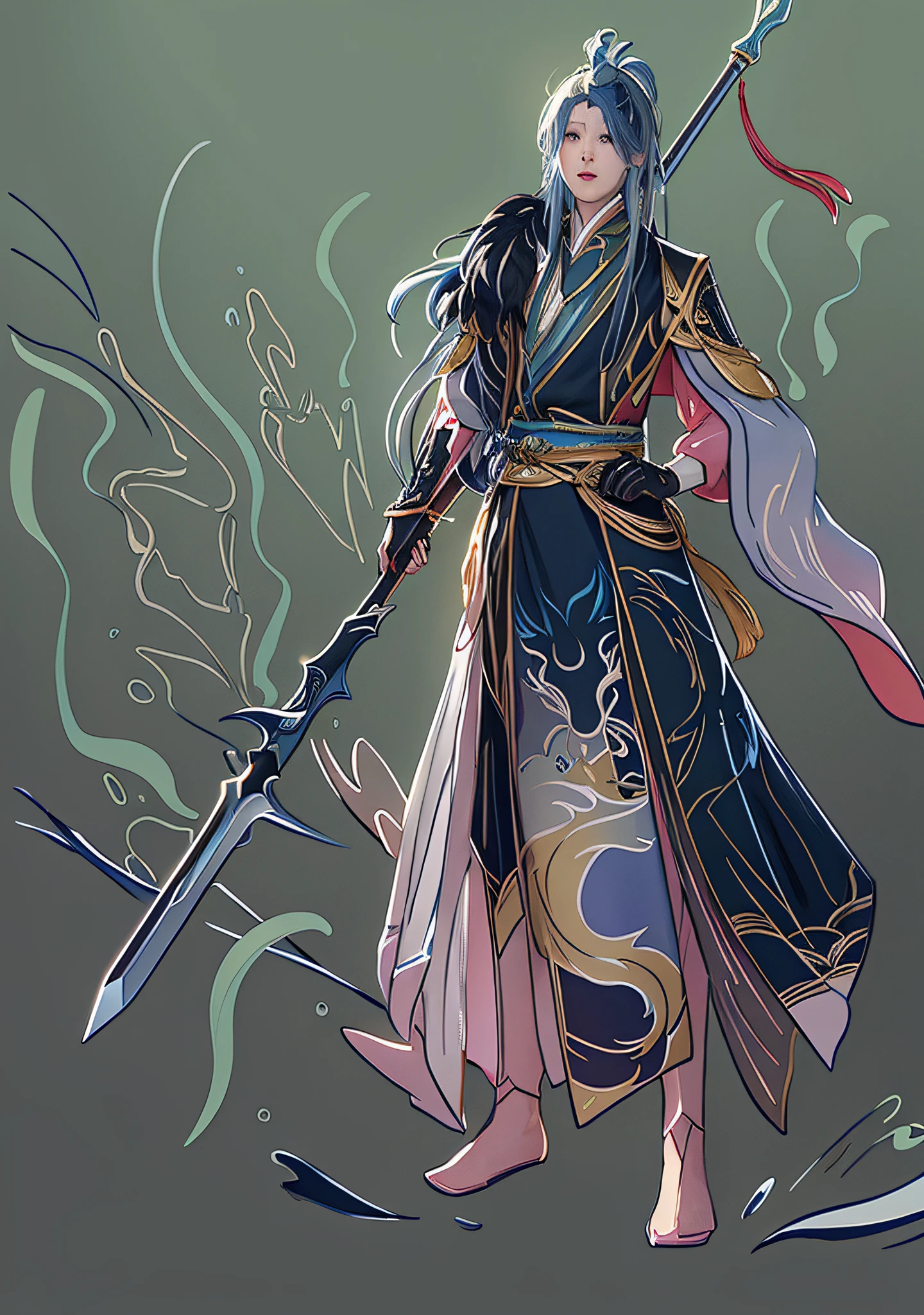 Anime characters with sword and armor on white background, Onmyoji detailed art, beautiful character painting, by Yang J, g Liu Lian art style, beautiful artwork illustration, anime fantasy illustration, epic exquisite character art, Onmyoji, amiable, Lin Wenjun, beautiful full body concept art, stunning character art, by Qu Lei Lei, illustrated concept art, holding a spear, a swordsman, chinoiserie,