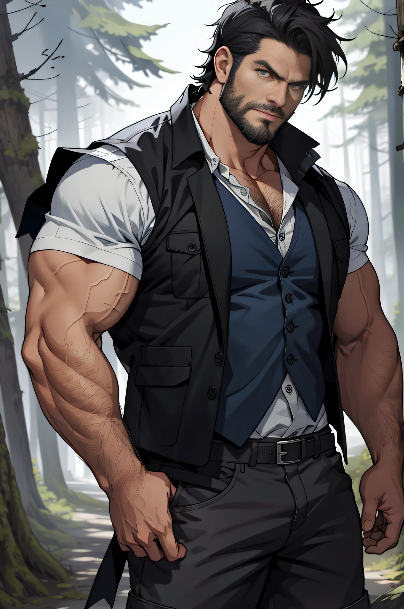 Mature man, short black hair, blue eyes, best quality, lumberjack, leg hair, beard, red shorts, dark gray vest (hole), bad bad, masterpiece, super high resolution, detailed background, reality, illustration, single, 1 boy, muscle man, beard, country, woods, muscles, facial hair, volumetric lighting, depth of field, wheezing, raised crotch, handsome action, big dynamics