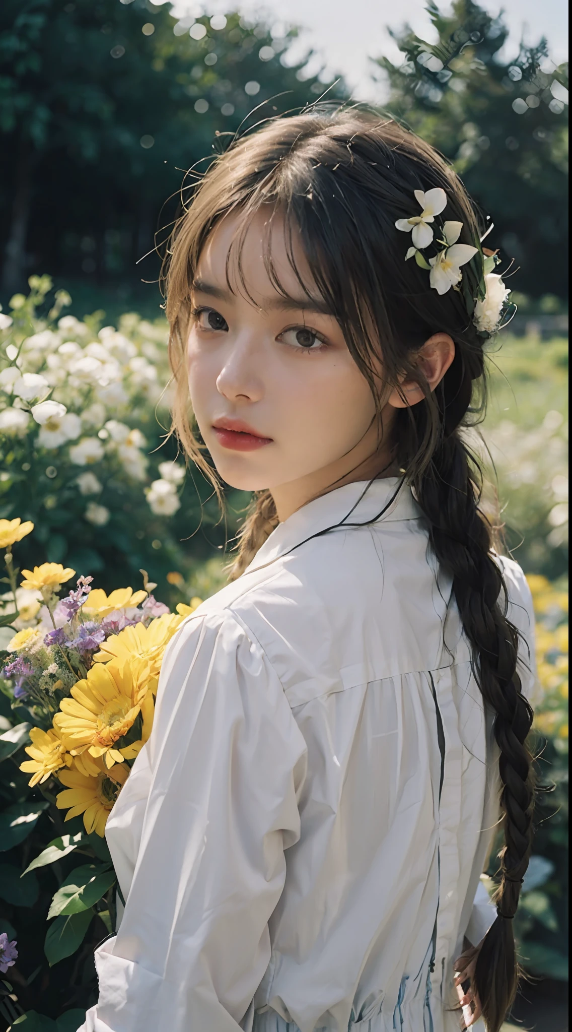 Poetic shots, hazy light and shadow, aestheticism, melancholic film, 1 girl, blonde hair, braids, emotional depth, back to the camera, looking back, shirts, flowers, flower fields,