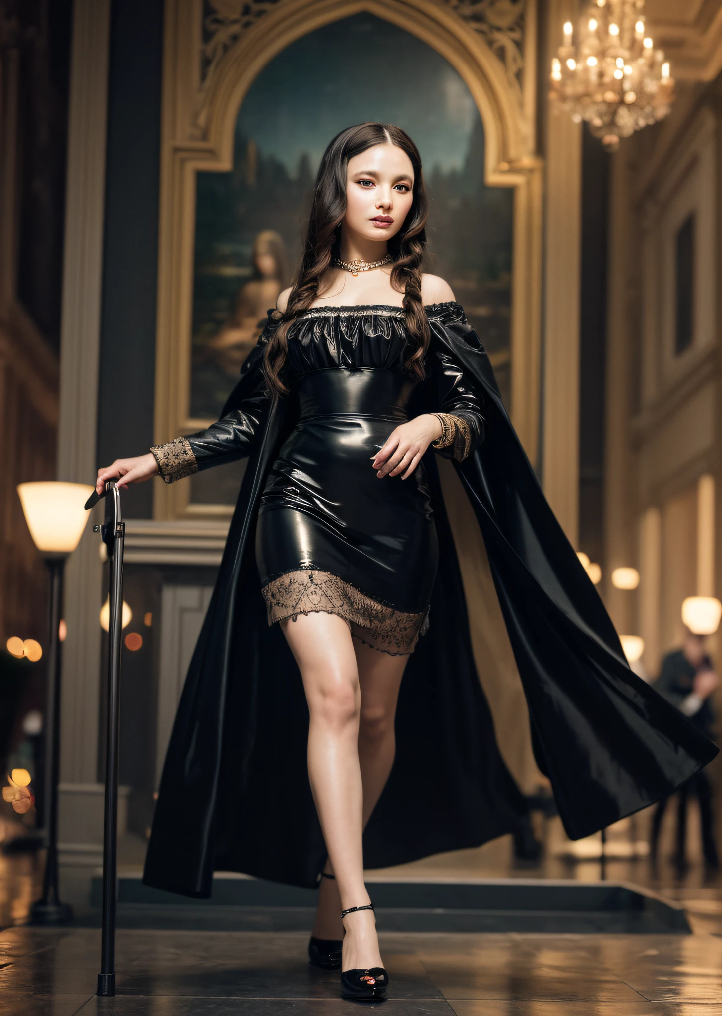 Mona Lisa pushing cart, gentle expression, full body portrait, shoes, catwalk, masterpiece, highest quality, high quality, highly detailed CG unit 8k wallpaper, award winning photo, bokeh, depth of field, HDR, flood, chromatic aberration, realistic, very detailed, art station trend, CGsociety trend, complex, high detail, dramatic, midway art, volumetric lighting