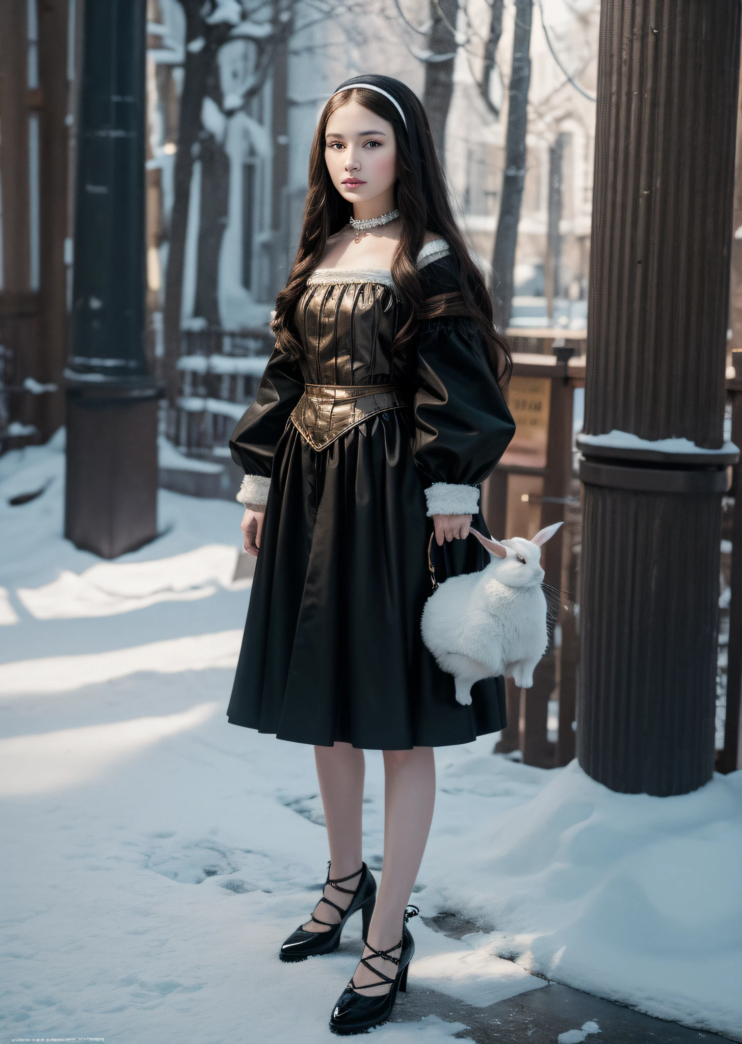 Mona Lisa standing on snow holding rabbit, gentle expression, full body portrait, shoes, catwalk, masterpiece, highest quality, high quality, highly detailed CG unit 8k wallpaper, award winning photo, bokeh, depth of field, HDR, flood, chromatic aberration, realistic, very detailed, art station trend, CGsociety trend, complex, high detail, dramatic, midway art, volumetric lighting