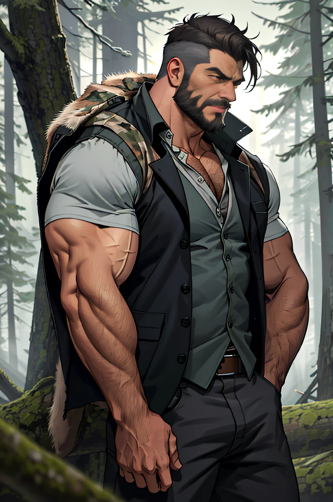 Mature man, best quality, lumberjack, axe in one hand, camouflage coat, dark gray vest (hole), bad, masterpiece, super high resolution, detailed background, reality, illustration, single, 1 boy, muscle man, beard, country, woods, muscles, facial hair, volumetric lighting, depth of field, wheezing, raised crotch, handsome action, big dynamics