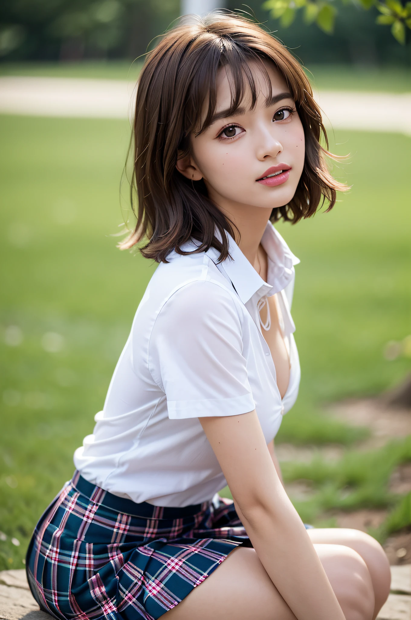 nsfw, 8K raw photo, Best quality, masterpiece, ultra high res, film grain, filmg, 1girl, looking at viewer, natural skin texture, realistic eye and face details, full lips, lipstick, (makeup), red eyeshadow, fluffy short hair, messy hair, smile, close mouth, beautiful legs, tall female, skinny, slim_legs, solo, enormous breast, cleavage, Pose with buttocks facing you, ultra short skirt, ass, shirt, beautiful nature location, around flower location, (detailed background), plaid skirt, white shirt, enormous breast, cleavage, Show a little cleavage through the shirt, loafers, blurry background, blurry, holding, plaid, short sleeves, jk ribbon on the neck, jk ribbon, brown hair, bracelet, water, bangs, school uniform, jewelry, parted lips, lips, from side, pleated skirt, depth of field