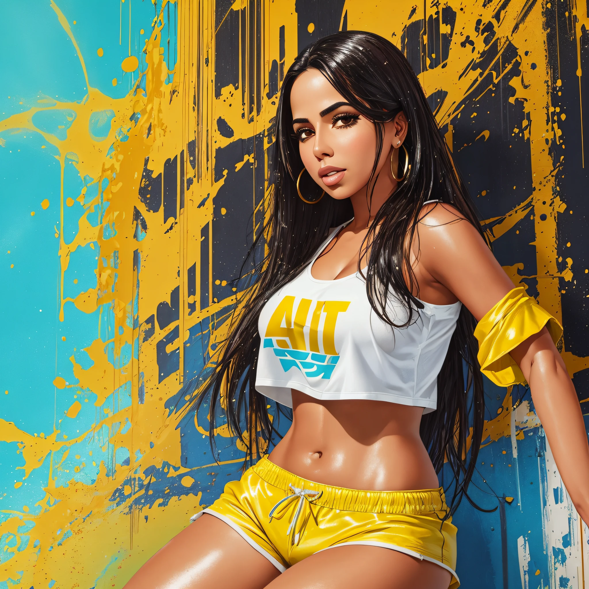 create a realistic image with better quality of the singer Anitta wet with oil and short shorts with large body --auto --s2