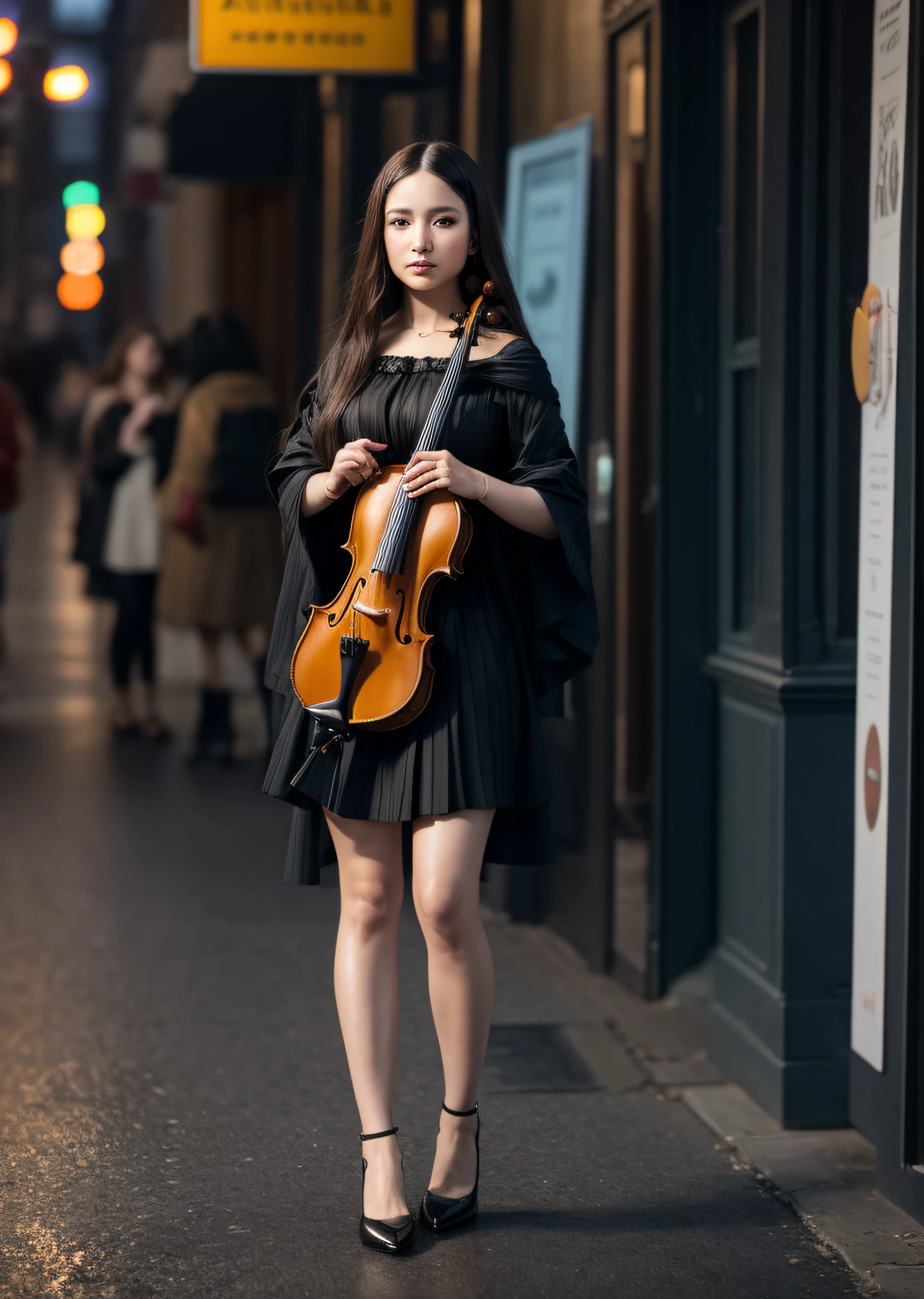 Mona Lisa violin, standing on the street begging, gentle expression, full body portrait, shoes, catwalk, masterpiece, highest quality, high quality, highly detailed CG unit 8k wallpaper, award winning photo, bokeh, depth of field, HDR, flood, chromatic aberration, realistic, very detailed, art station trend, CGsociety trend, complex, high detail, dramatic, midway art, volumetric lighting
