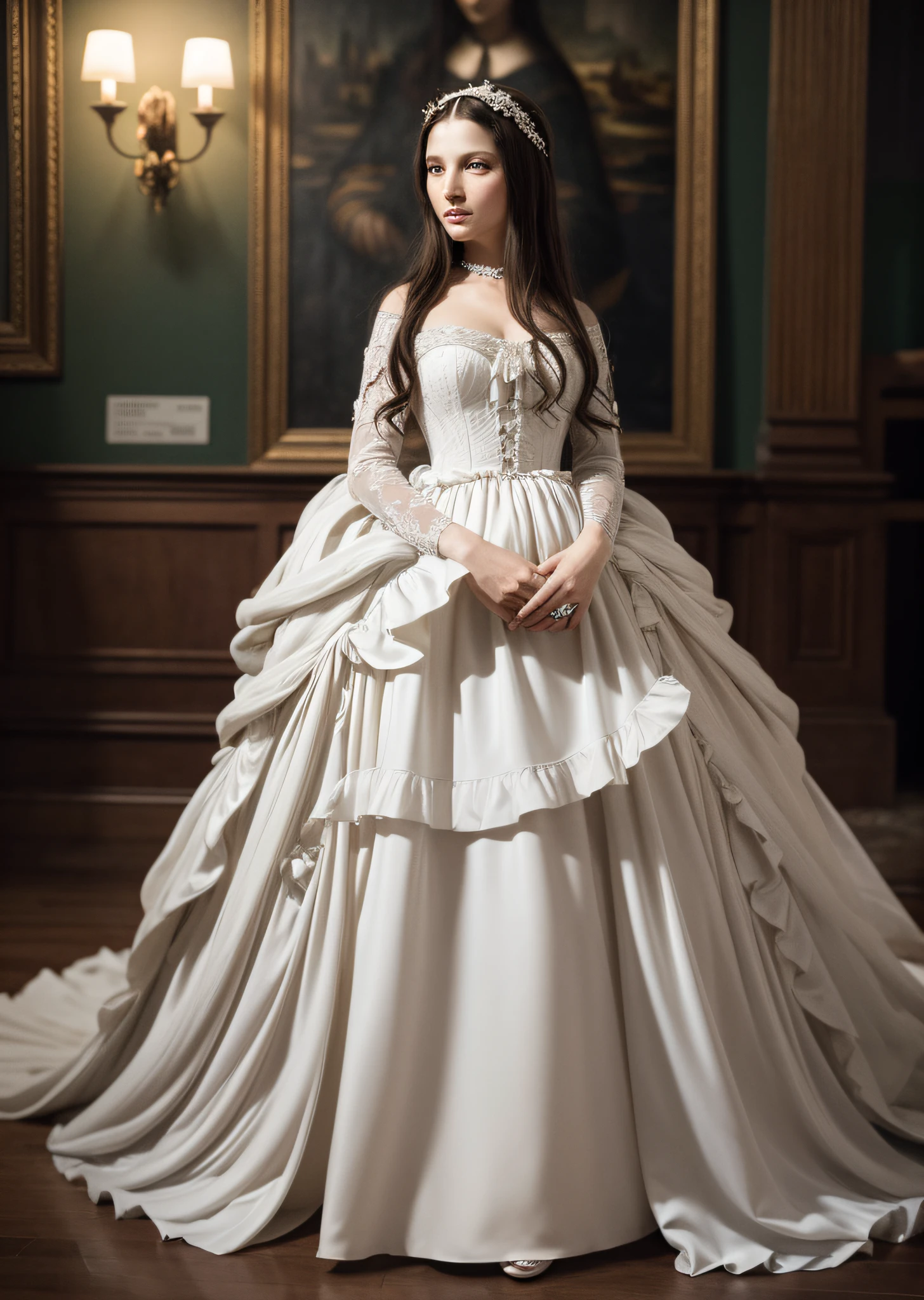 Mona Lisa wearing wedding dress, gentle expression, full body portrait, shoes, catwalk, masterpiece, highest quality, high quality, highly detailed CG unit 8k wallpaper, award winning photo, bokeh, depth of field, HDR, flood, chromatic aberration, realistic, very detailed, art station trend, CGsociety trend, complex, high detail, dramatic, midway art, volumetric lighting