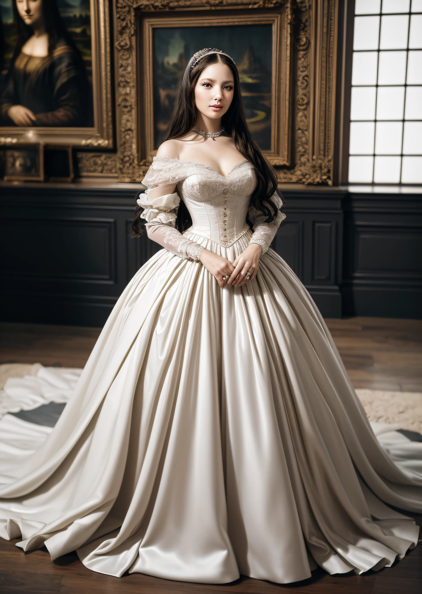 Mona Lisa wearing wedding dress, gentle expression, full body portrait, shoes, catwalk, masterpiece, highest quality, high quality, highly detailed CG unit 8k wallpaper, award winning photo, bokeh, depth of field, HDR, flood, chromatic aberration, realistic, very detailed, art station trend, CGsociety trend, complex, high detail, dramatic, midway art, volumetric lighting
