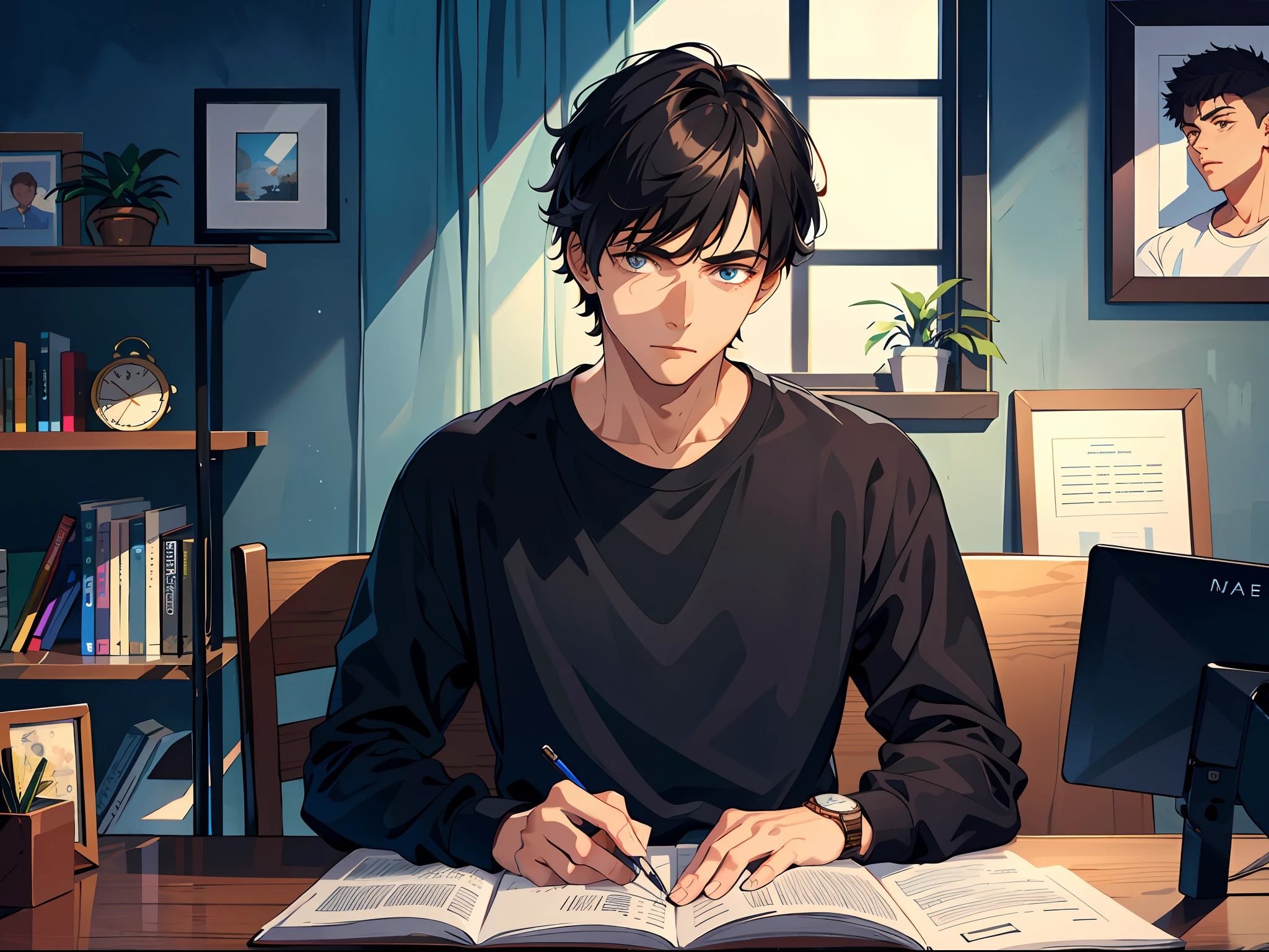 High resolution, highest quality, illustration, super detailed, (detailed face), (detailed eyes) A young handsome young man, wearing a black casual sweatshirt, sitting at his desk, looking tired, looking at the watch in his hand