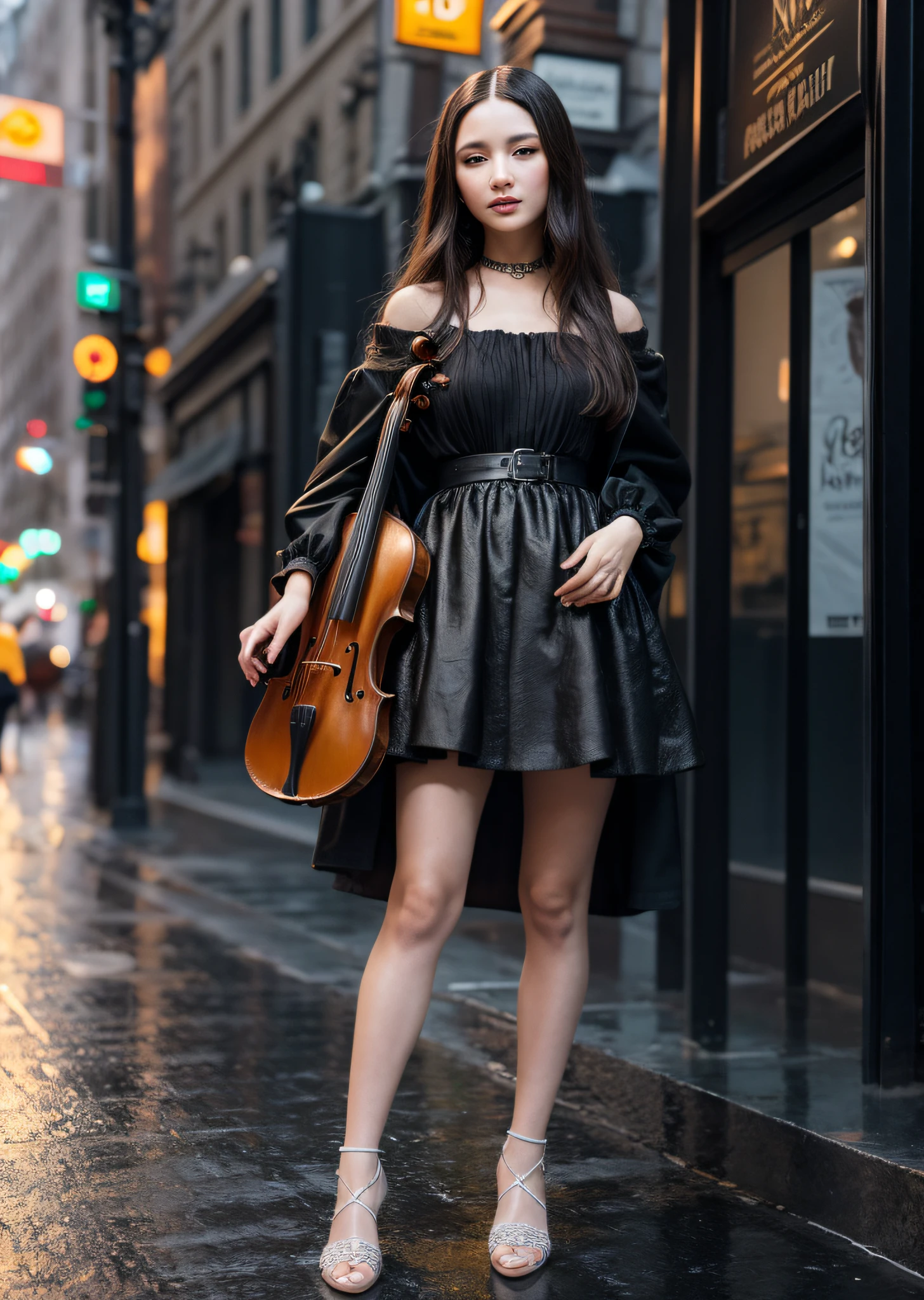 Mona Lisa violin, standing on the street begging, gentle expression, full body portrait, shoes, catwalk, masterpiece, highest quality, high quality, highly detailed CG unit 8k wallpaper, award winning photo, bokeh, depth of field, HDR, flood, chromatic aberration, realistic, very detailed, art station trend, CGsociety trend, complex, high detail, dramatic, midway art, volumetric lighting