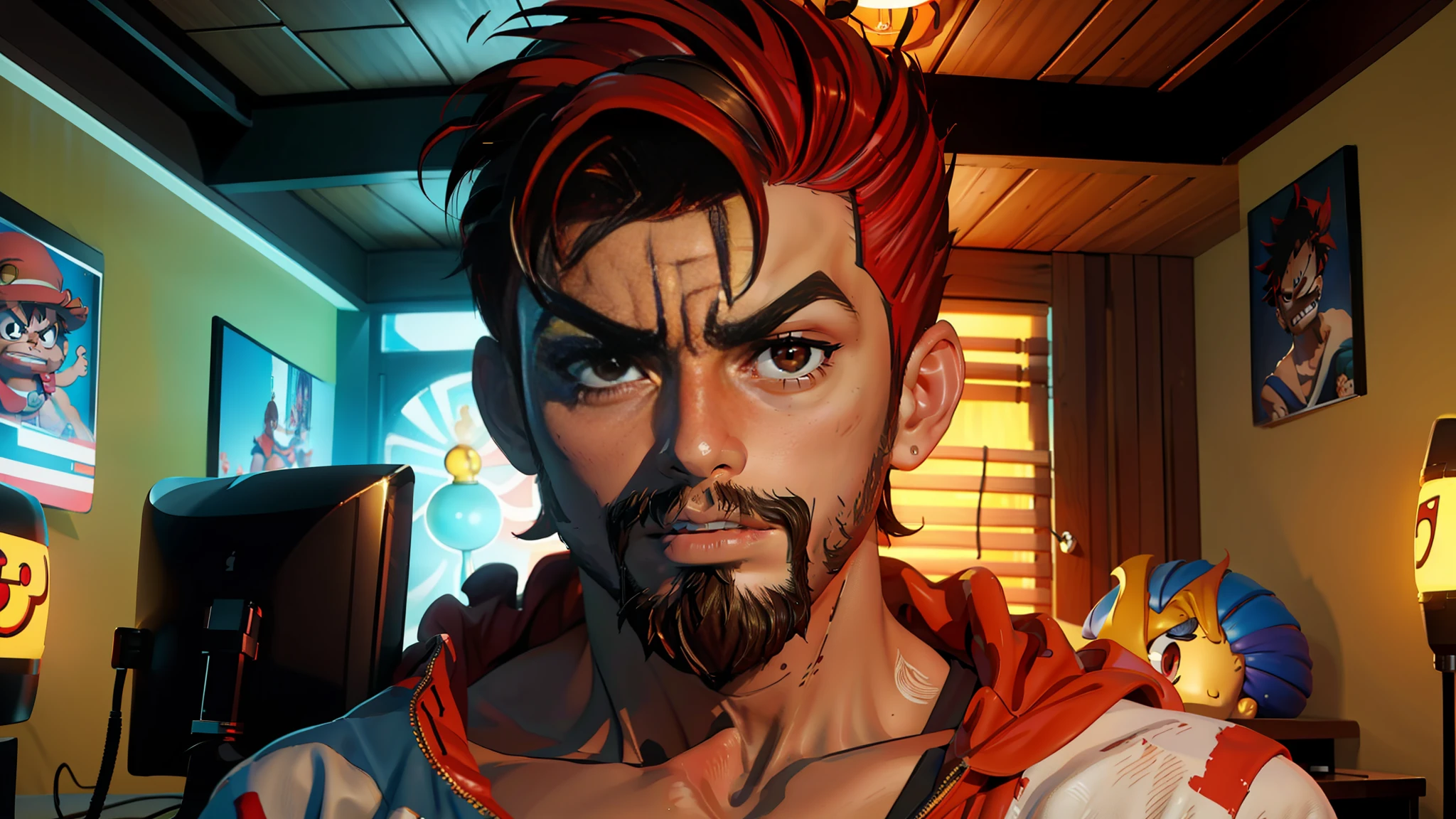 ((Best quality, 8k, Masterpiece: 1.3)), chibi, 3d, one piece, luffy, background, interior, gamer room, two computers, perfect lighting, (1boy), upper body, portrait, perfect brown eyes, perfect face, perfect hair, red mohawk hair, degrade on the sides, short hair, detailed beard, red beard,