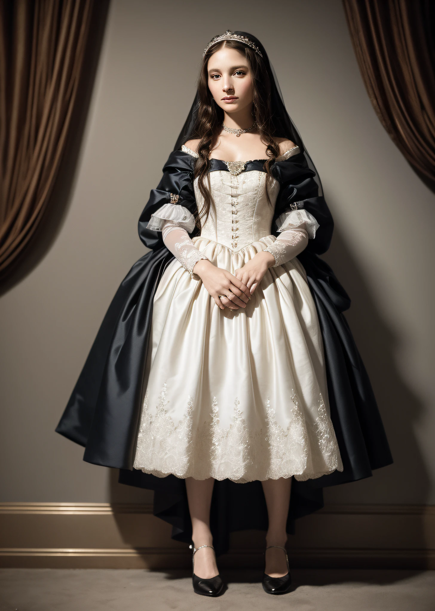 Mona Lisa wearing wedding dress, gentle expression, full body portrait, shoes, catwalk, masterpiece, highest quality, high quality, highly detailed CG unit 8k wallpaper, award winning photo, bokeh, depth of field, HDR, flood, chromatic aberration, realistic, very detailed, art station trend, CGsociety trend, complex, high detail, dramatic, midway art, volumetric lighting