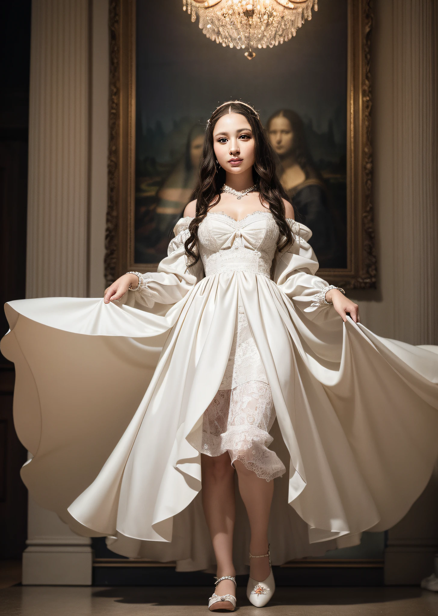 Mona Lisa wearing wedding dress, gentle expression, full body portrait, shoes, catwalk, masterpiece, highest quality, high quality, highly detailed CG unit 8k wallpaper, award winning photo, bokeh, depth of field, HDR, flood, chromatic aberration, realistic, very detailed, art station trend, CGsociety trend, complex, high detail, dramatic, midway art, volumetric lighting
