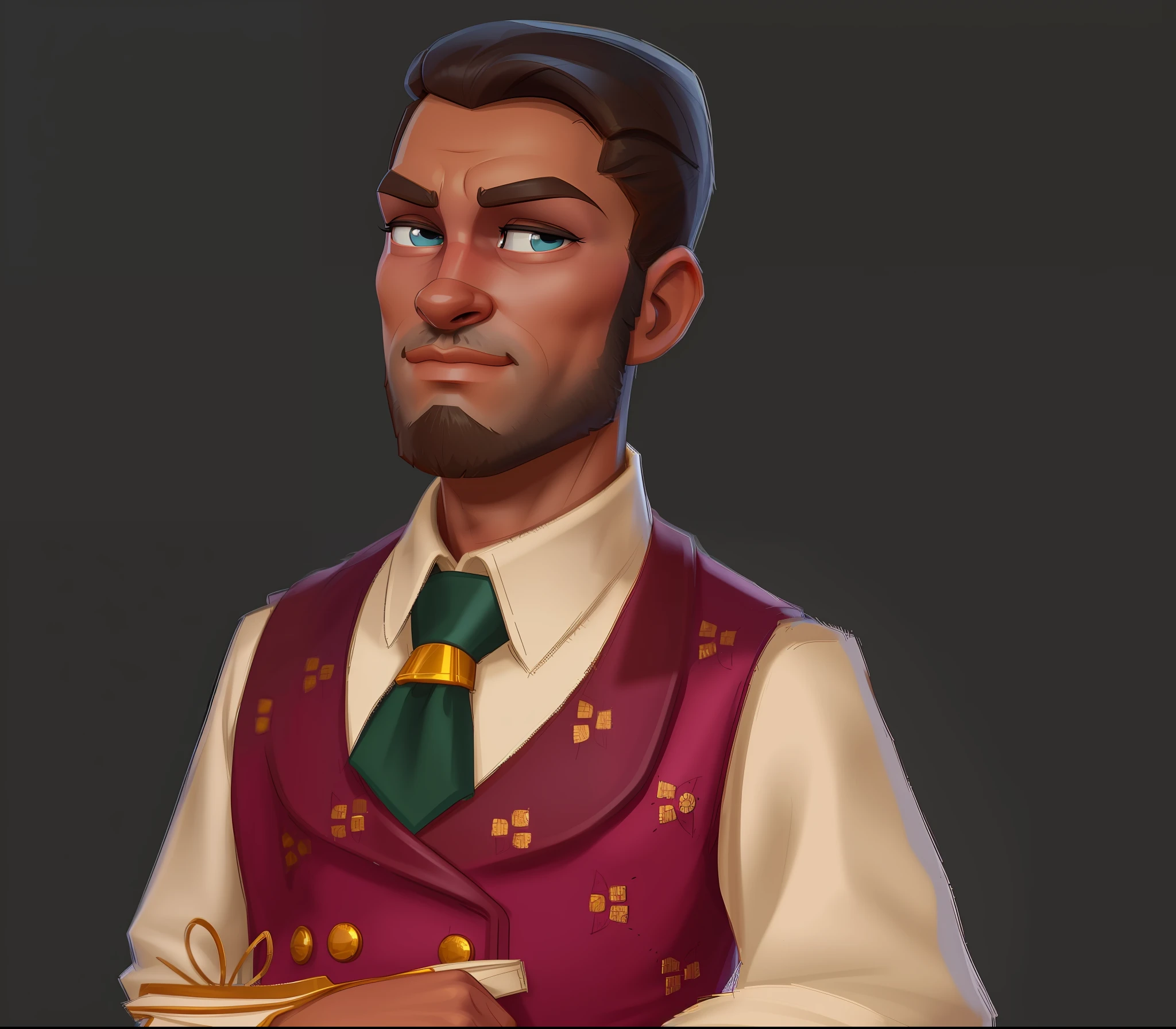 Men, Business, Cartoon Art Style, Disney Art Style, Disney Art Style, Sepia Skin, Stylized Art, Stylized 3D, Disney Character Style, Stylized Concept Art, Official Artwork, Stylized Portrait Formal Pose, Abigail from Stardew Valley, Stylized Game Art, Stylized Characters, In-depth Portrayal, Very Detailed, Delicate, Dry Edges, Sepia Skin, South American