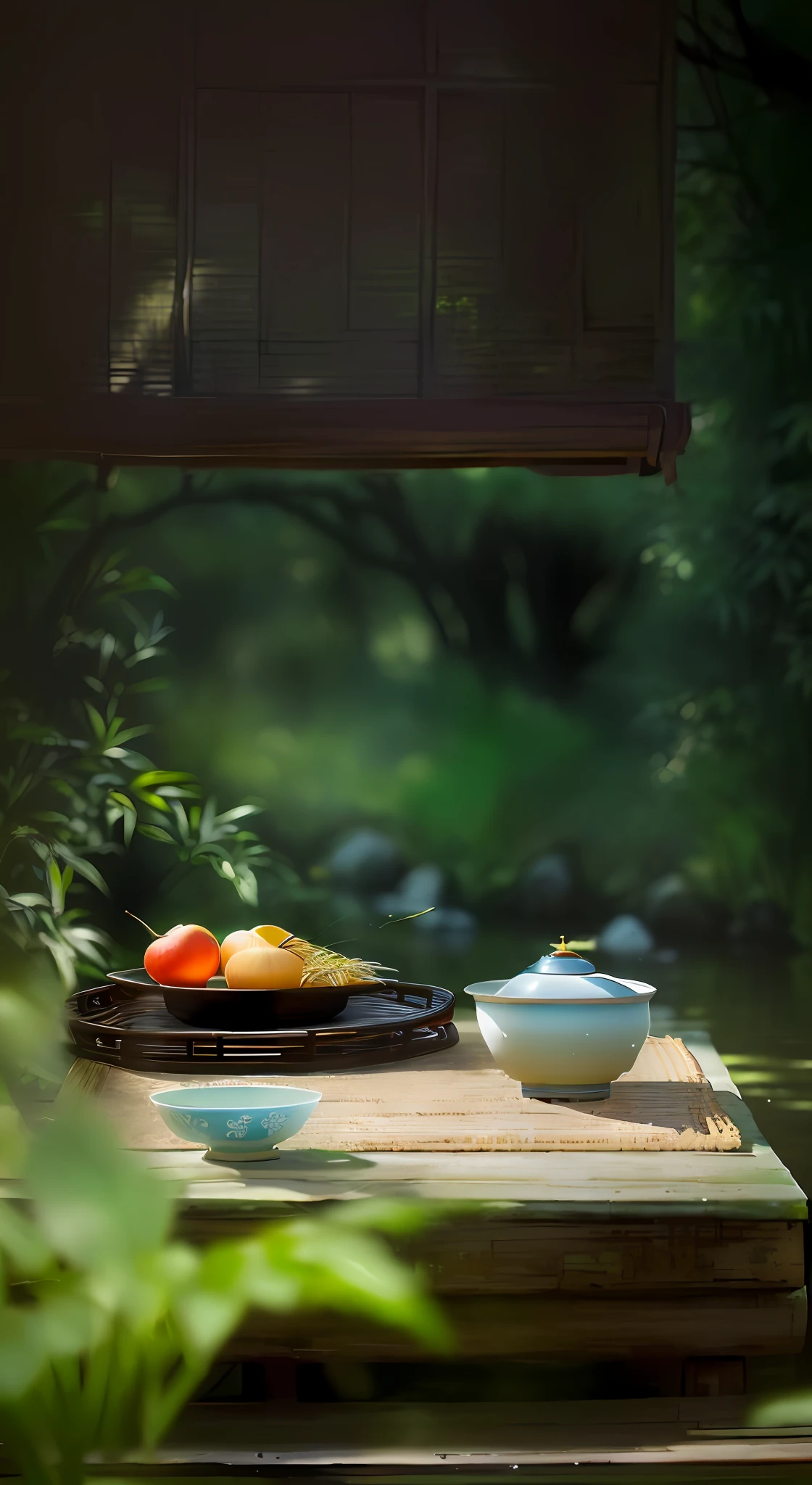 foreground water, stream, river beach, river beach vista, nature, transcendence, background sunlight, bamboo, bowl of fruit on chessboard, bamboo, Chinese table, bowl of fruit, sunlight, Yao Tingmei, background bamboo, foreground bamboo, An Zhengwen, bamboo, tea ceremony scene, Ma Yuanyu, Li Meishu, bamboo, summer morning light, evening light, Xia Yong, Wu Zuoren, Jiang Tingxi, still life photography, Chinese table, bamboo, Cheng Zhengkui --auto --s2