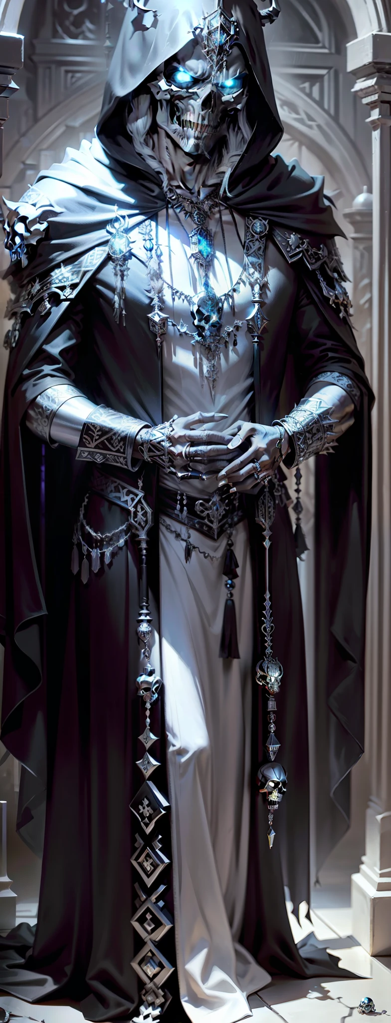 Best Quality, Masterpiece, High Resolution, Gray Mist, Bones, Skull, Lich, Silver Metal Decoration, Pendants, Silver Headdress, Silver Necklace, Gemstone Ring, Black Robe, Gorgeous Details, Rich Patterns, Evil Wizard, Dark Mage,