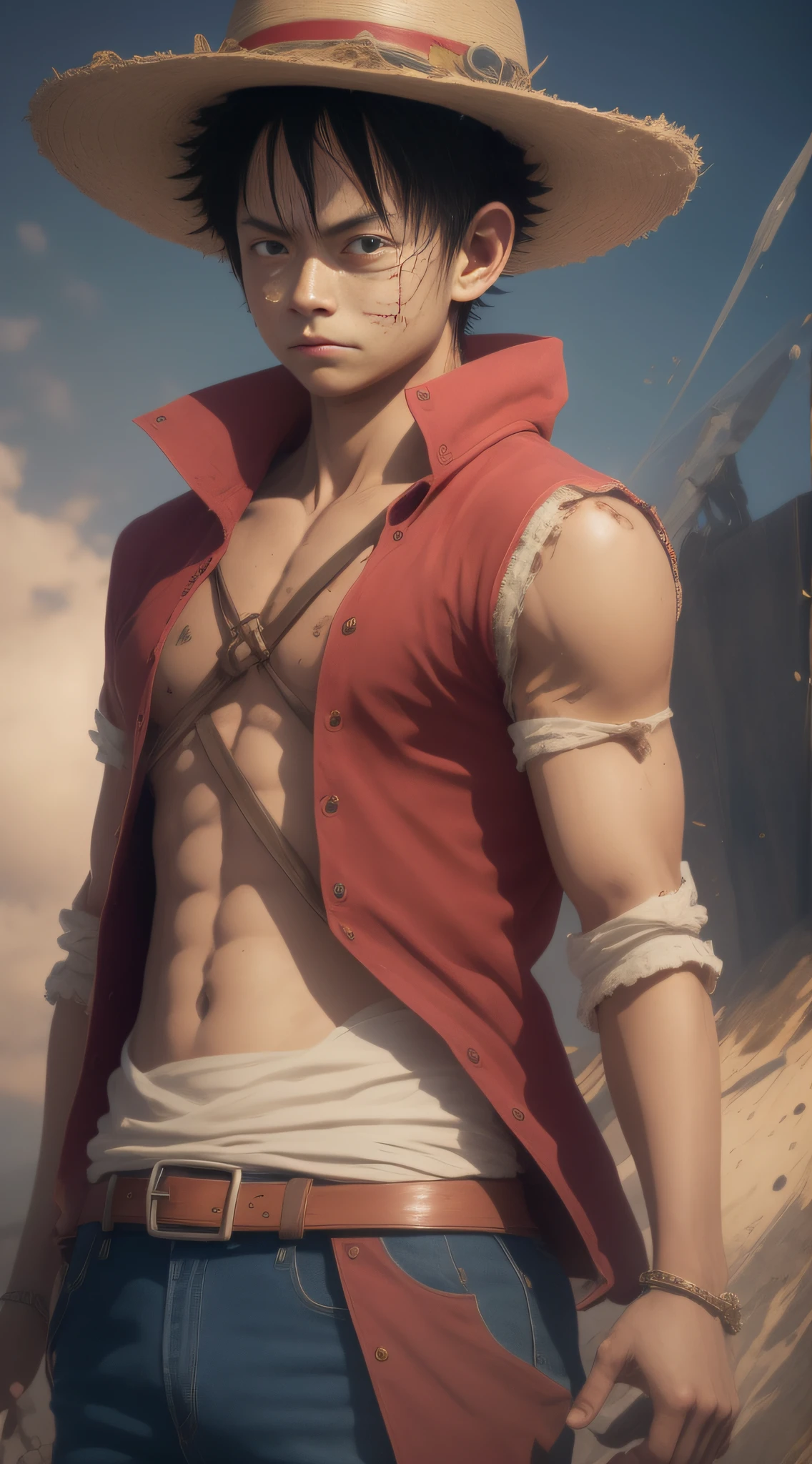 Luffy has black shaggy hair, round black eyes, and a slim muscular build. He is renowned for his trademark straw hat, which was lent to him when he was young by the legendary pirate captain, "Red-Haired" Shanks,[35] who in turn received it from Gol D. Roger.[43] Luffy wears an open, long-sleeved red cardigan with four buttons, with a yellow sash tied around his waist (somewhat reminiscent of Gol D. Roger's outfit). Luffy also has a (scar underneath his left eye), which he earned as a child by stabbing his face to show Shanks that he was tough enough to be a pirate.[44] He was severely wounded by Akainu in the Summit War of Marineford,[45] leaving a large scar on his chest.[46] ((pirate ship background)).